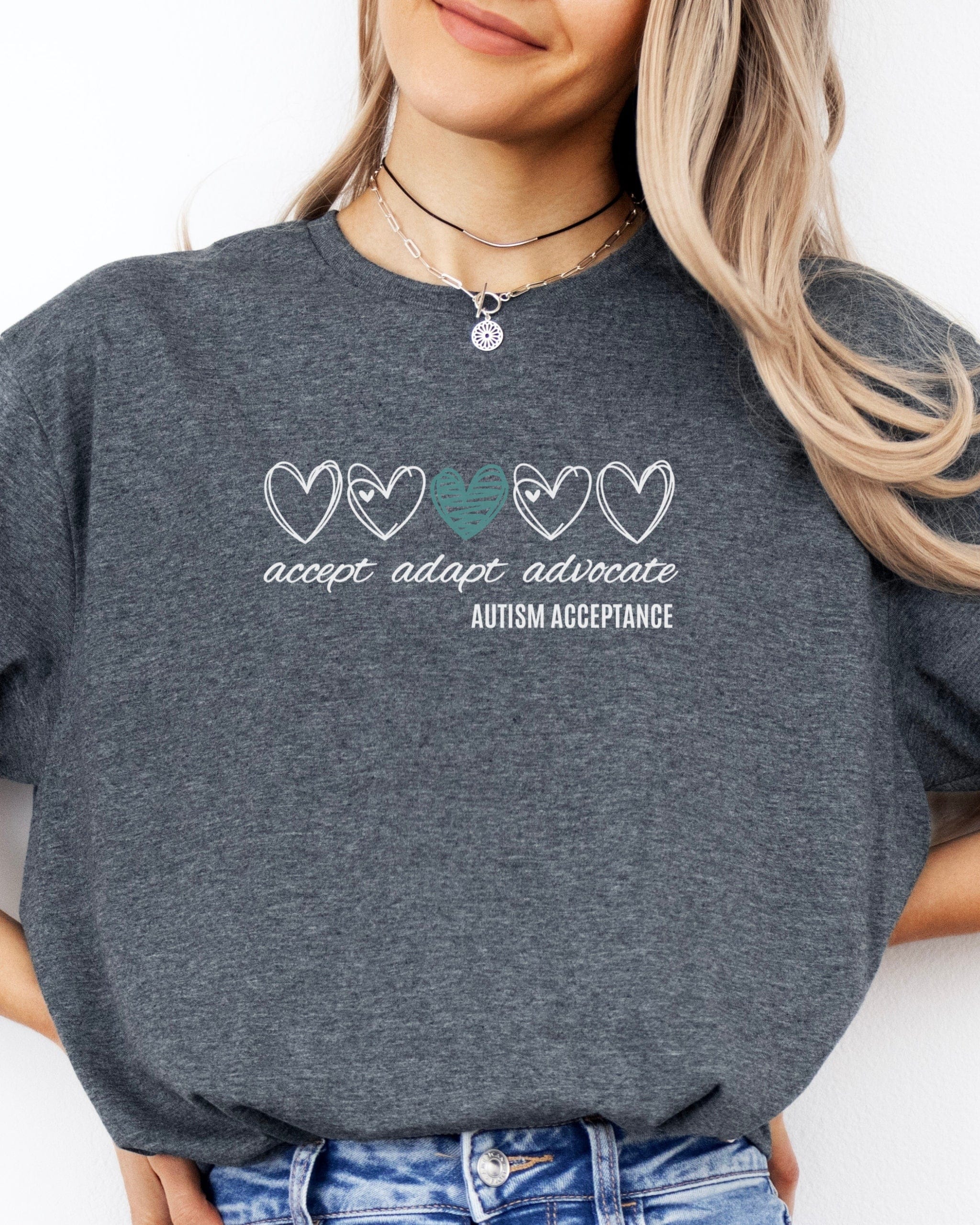 Accept Adapt Advocate Love Hearts Tee-Neurodiversity, ADHD & Autism Awareness & Acceptance T-Shirt by Daily Bloom