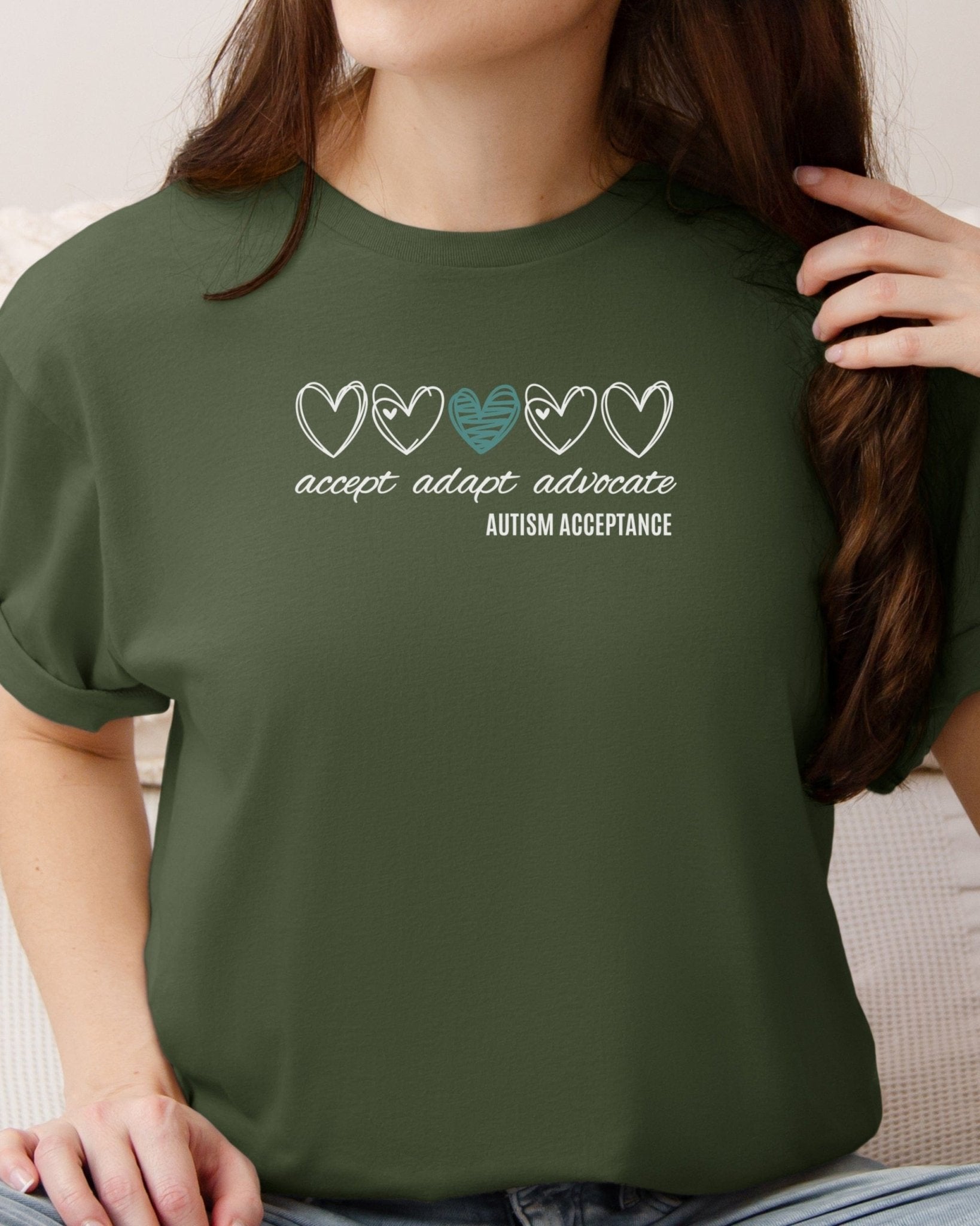 Autism T-Shirt - Accept Adapt Advocate Love Hearts Tee - Daily Bloom