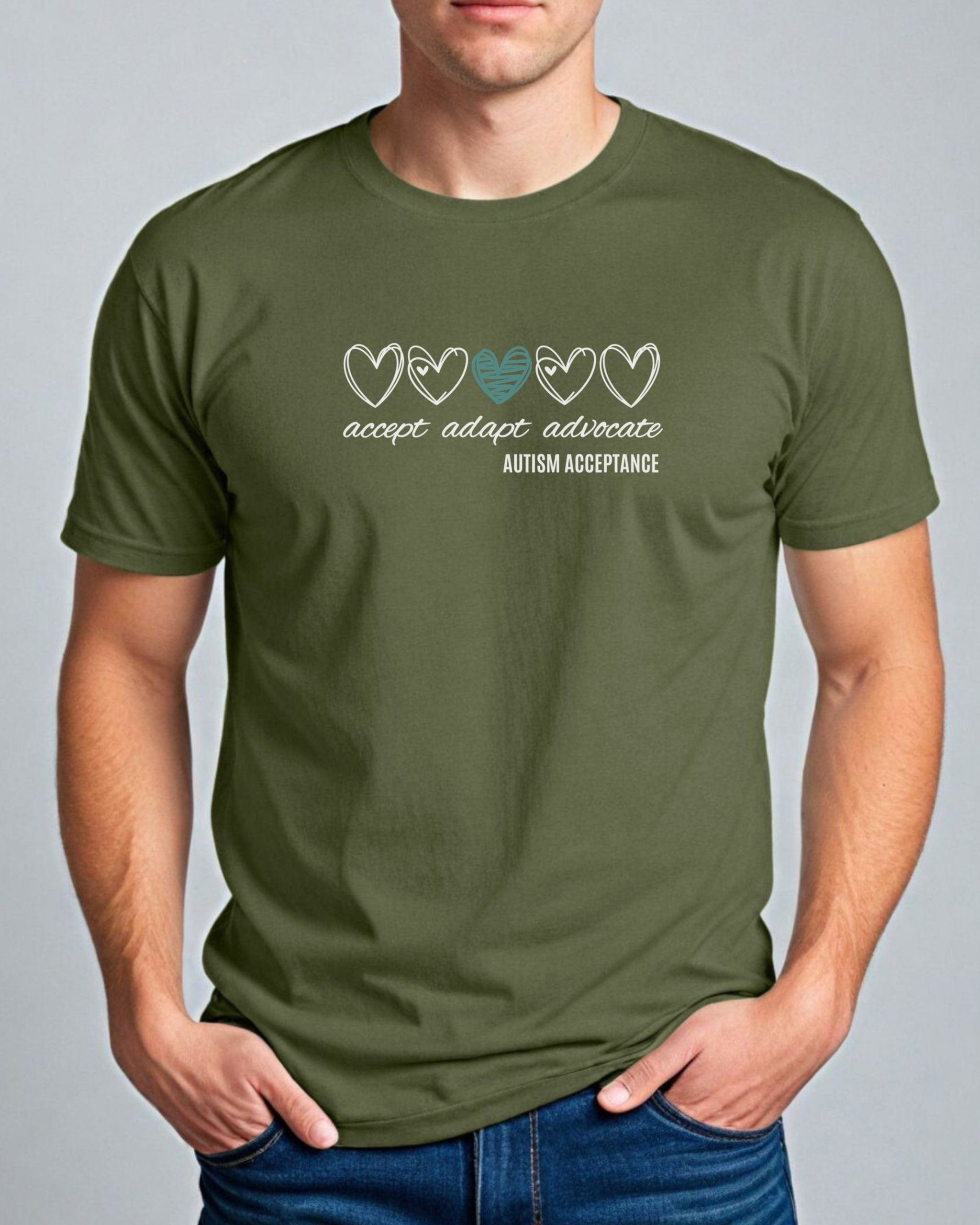 Accept Adapt Advocate Love Hearts Tee-Neurodiversity, ADHD & Autism Awareness & Acceptance T-Shirt by Daily Bloom