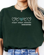 Accept Adapt Advocate Love Hearts Tee-Neurodiversity, ADHD & Autism Awareness & Acceptance T-Shirt by Daily Bloom