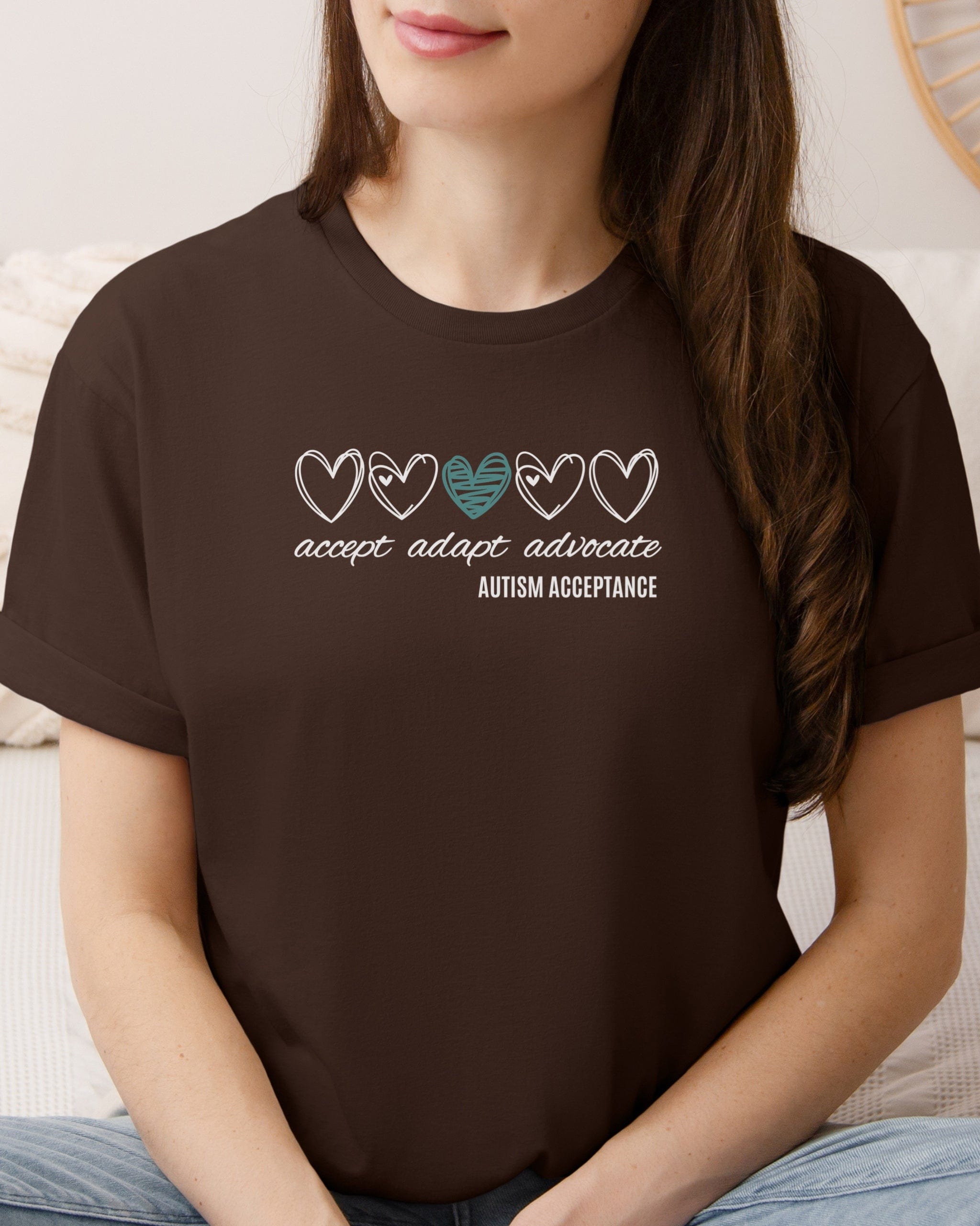 Accept Adapt Advocate Love Hearts Tee-Neurodiversity, ADHD & Autism Awareness & Acceptance T-Shirt by Daily Bloom