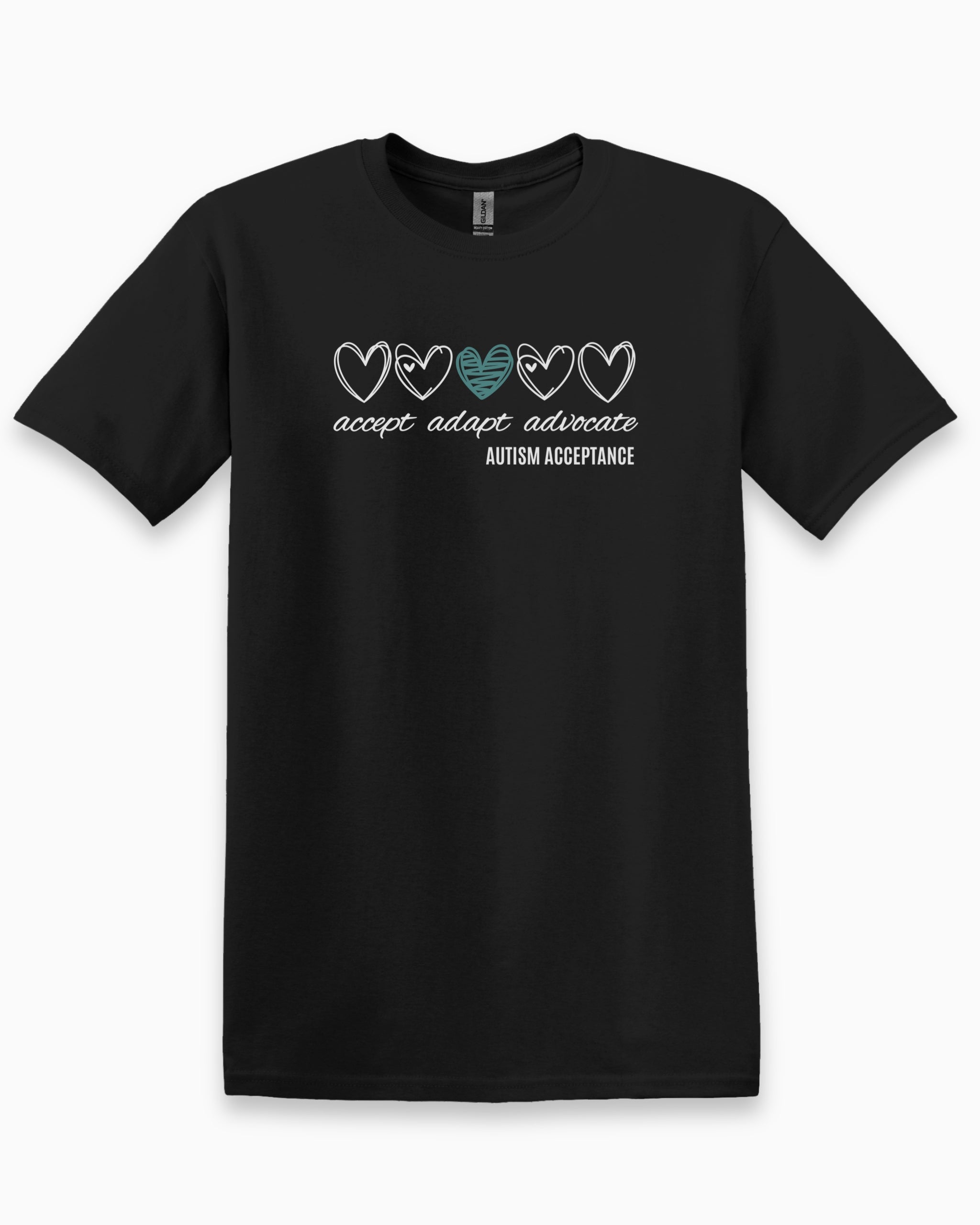 Accept Adapt Advocate Love Hearts Tee-Black-Neurodiversity, ADHD & Autism Awareness & Acceptance T-Shirt by Daily Bloom