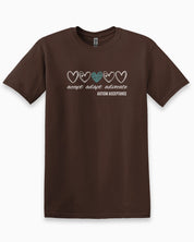 Accept Adapt Advocate Love Hearts Tee-Dark Chocolate-Neurodiversity, ADHD & Autism Awareness & Acceptance T-Shirt by Daily Bloom