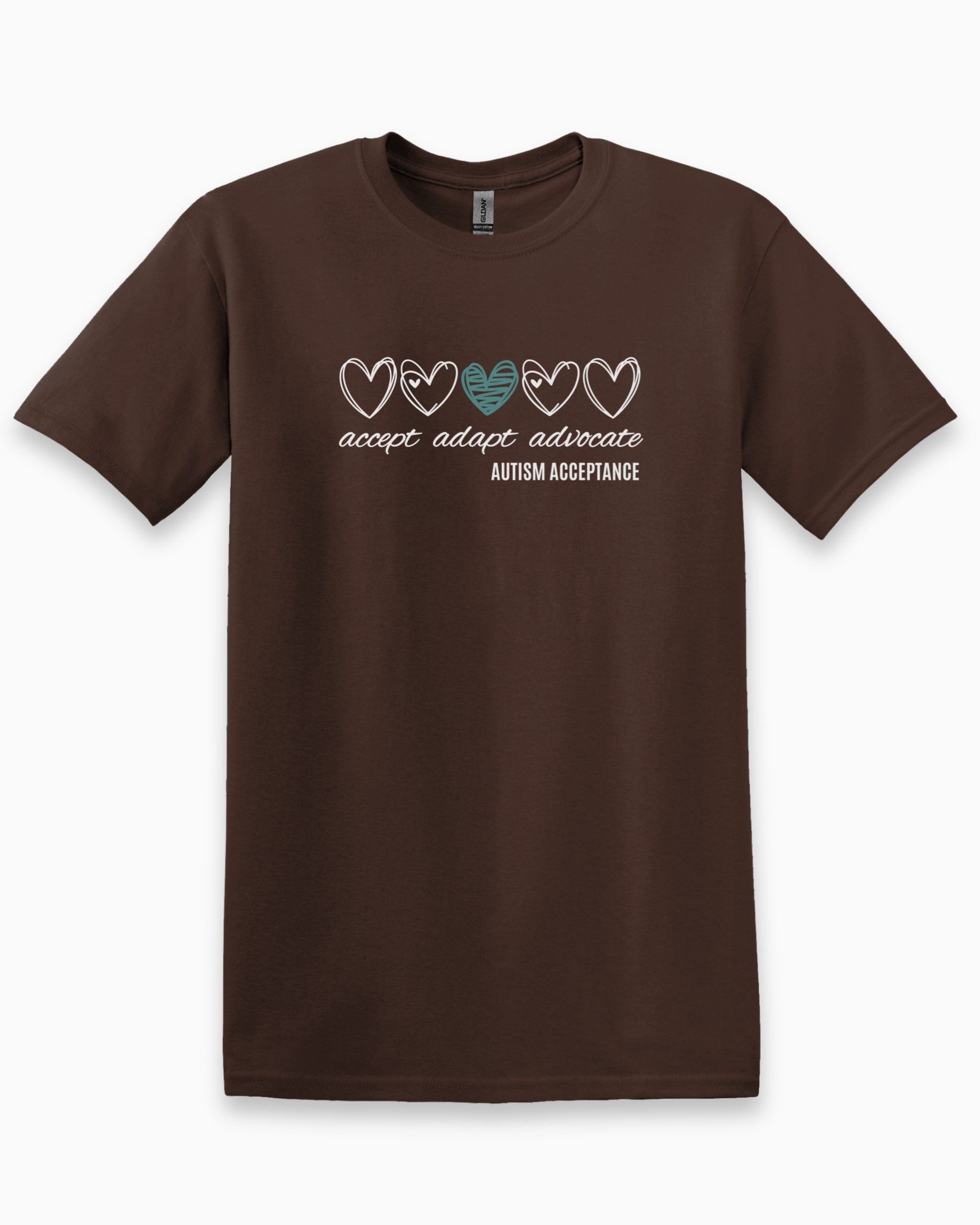 Accept Adapt Advocate Love Hearts Tee-Dark Chocolate-Neurodiversity, ADHD & Autism Awareness & Acceptance T-Shirt by Daily Bloom