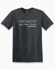 Accept Adapt Advocate Love Hearts Tee-Dark Heather Grey-Neurodiversity, ADHD & Autism Awareness & Acceptance T-Shirt by Daily Bloom