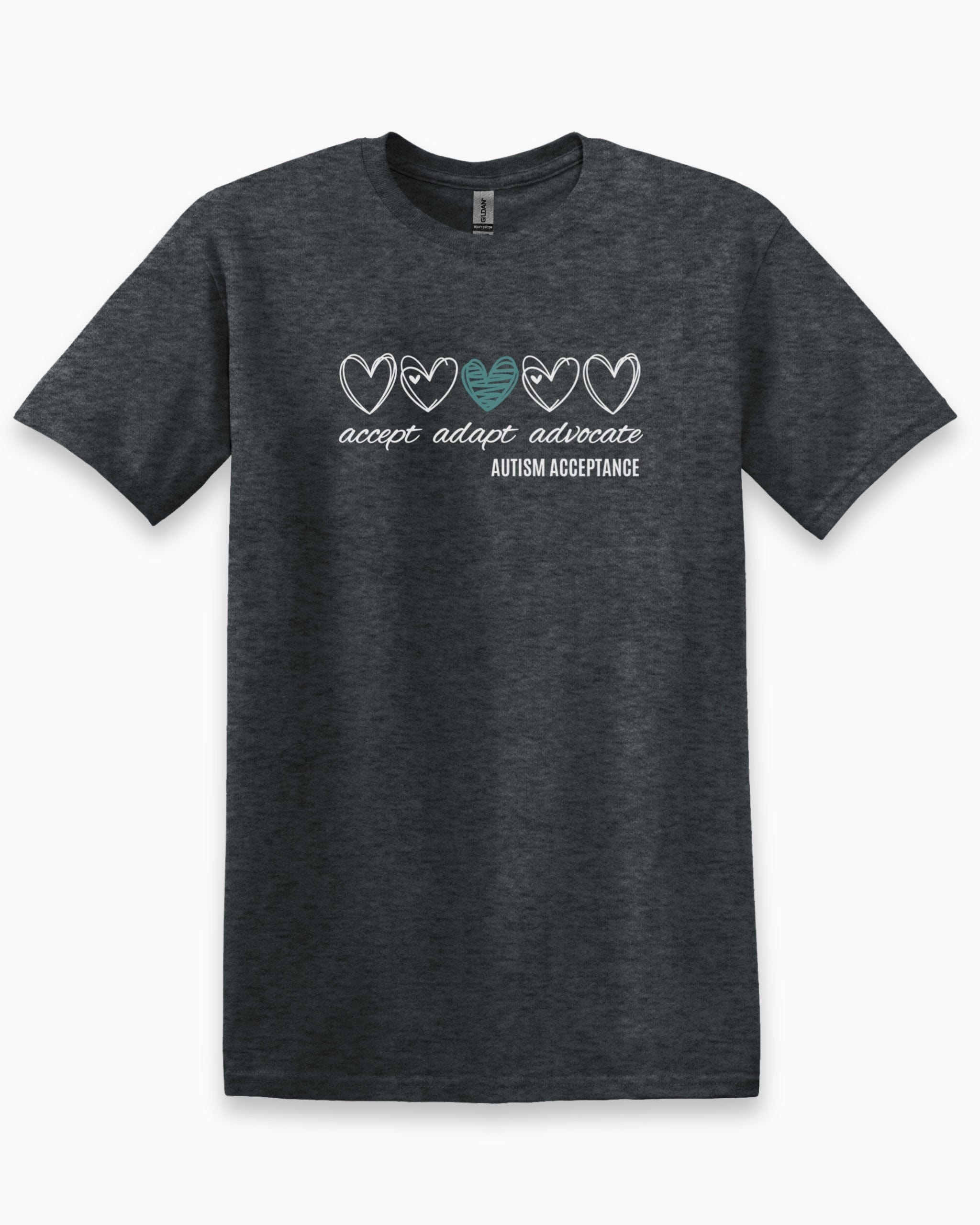 Accept Adapt Advocate Love Hearts Tee-Dark Heather Grey-Neurodiversity, ADHD & Autism Awareness & Acceptance T-Shirt by Daily Bloom