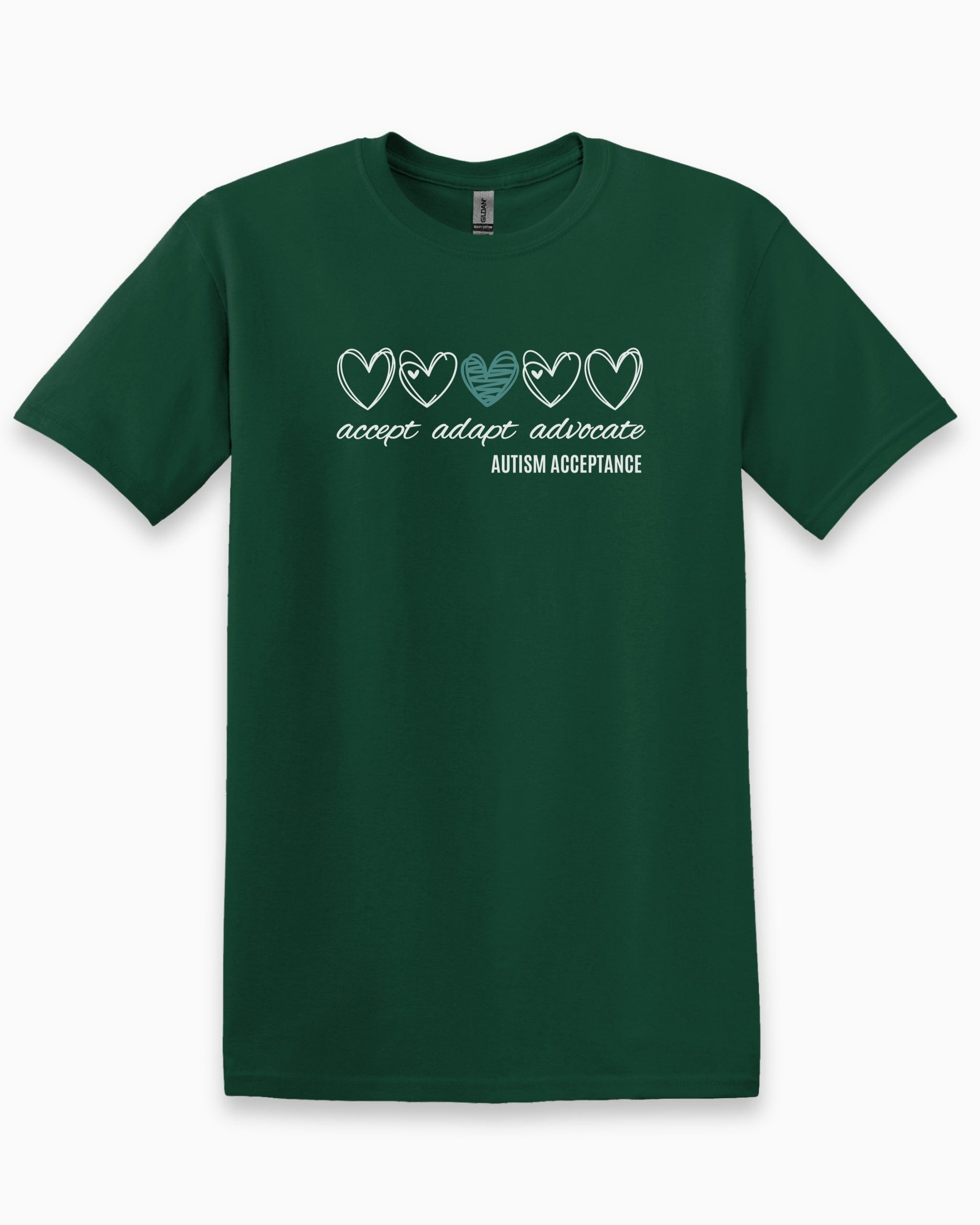 Accept Adapt Advocate Love Hearts Tee-Forest Green-Neurodiversity, ADHD & Autism Awareness & Acceptance T-Shirt by Daily Bloom