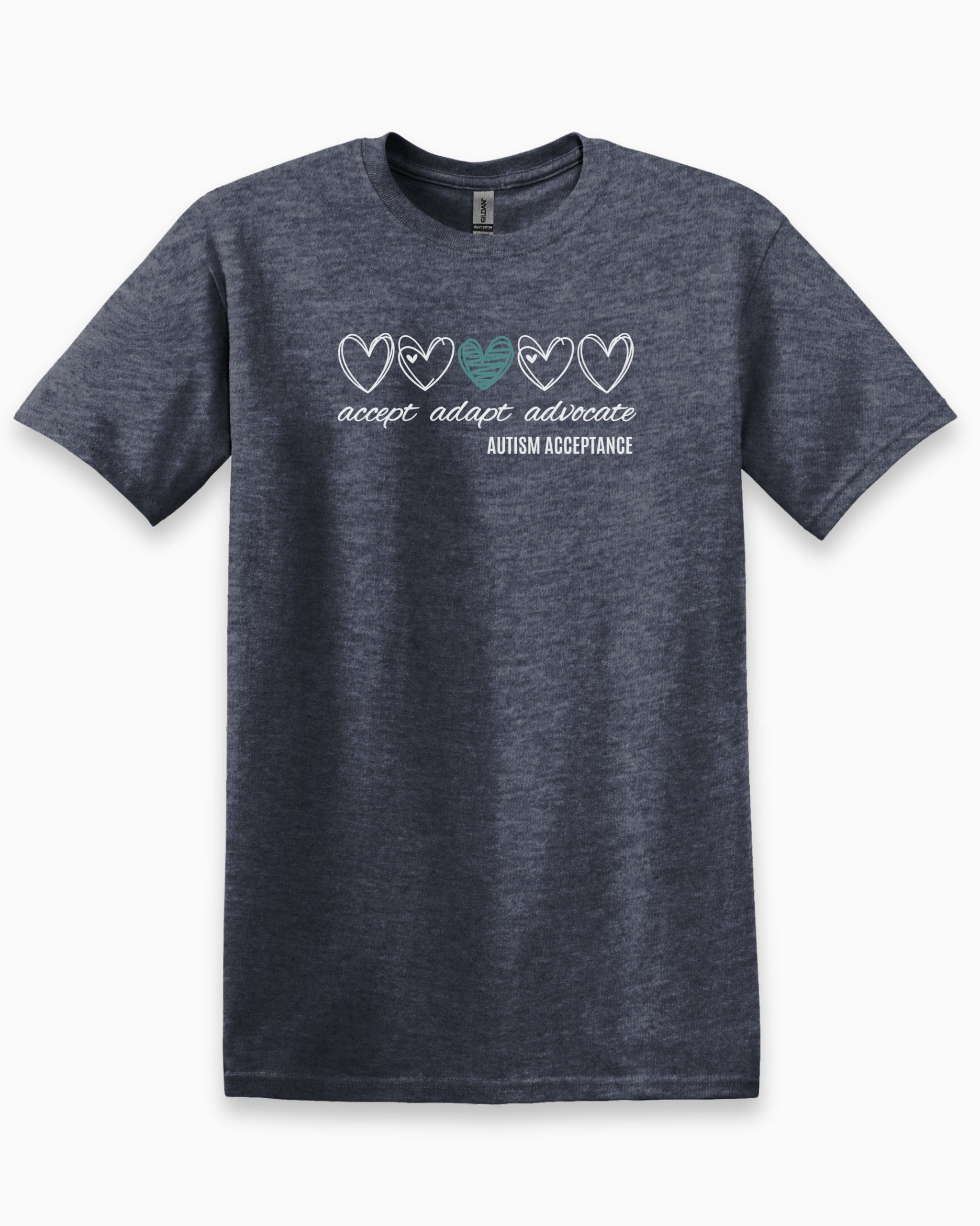 Accept Adapt Advocate Love Hearts Tee-Heather Navy-Neurodiversity, ADHD & Autism Awareness & Acceptance T-Shirt by Daily Bloom