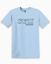 Accept Adapt Advocate Love Hearts Tee-Light Blue-Neurodiversity, ADHD & Autism Awareness & Acceptance T-Shirt by Daily Bloom