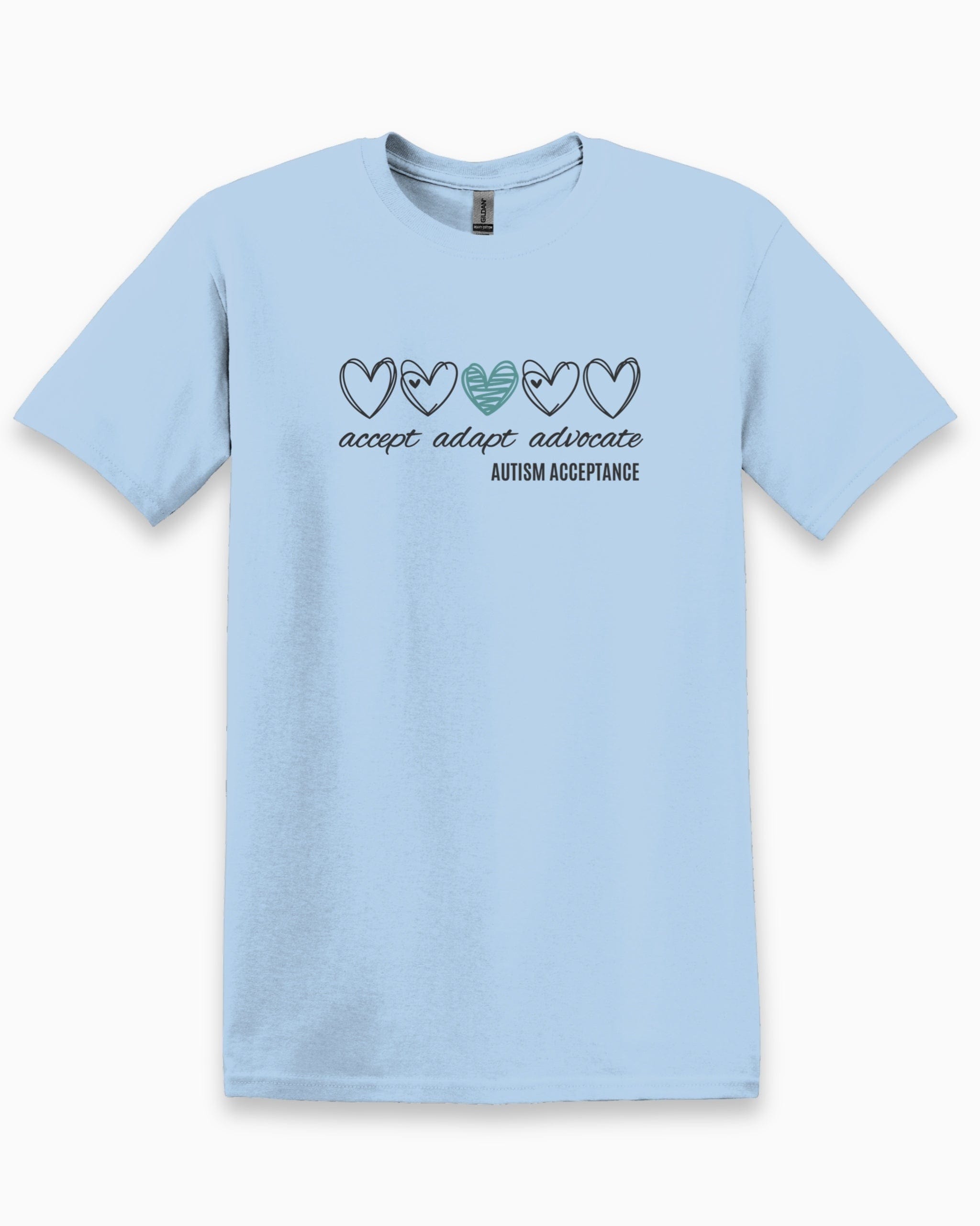 Accept Adapt Advocate Love Hearts Tee-Light Blue-Neurodiversity, ADHD & Autism Awareness & Acceptance T-Shirt by Daily Bloom