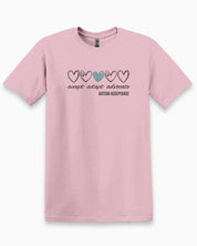 Accept Adapt Advocate Love Hearts Tee-Light Pink-Neurodiversity, ADHD & Autism Awareness & Acceptance T-Shirt by Daily Bloom