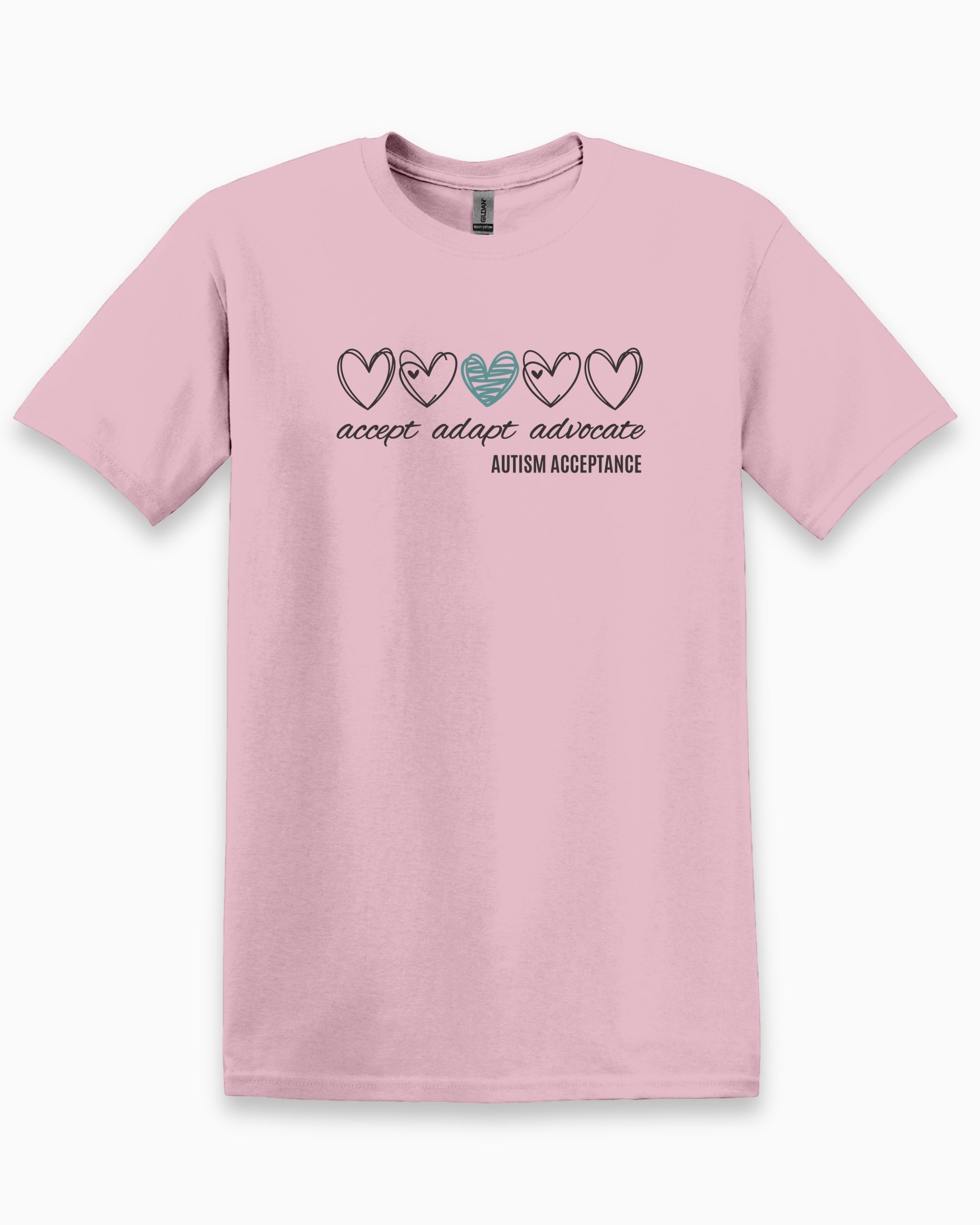 Accept Adapt Advocate Love Hearts Tee-Light Pink-Neurodiversity, ADHD & Autism Awareness & Acceptance T-Shirt by Daily Bloom
