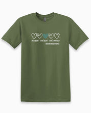 Accept Adapt Advocate Love Hearts Tee-Military Green-Neurodiversity, ADHD & Autism Awareness & Acceptance T-Shirt by Daily Bloom