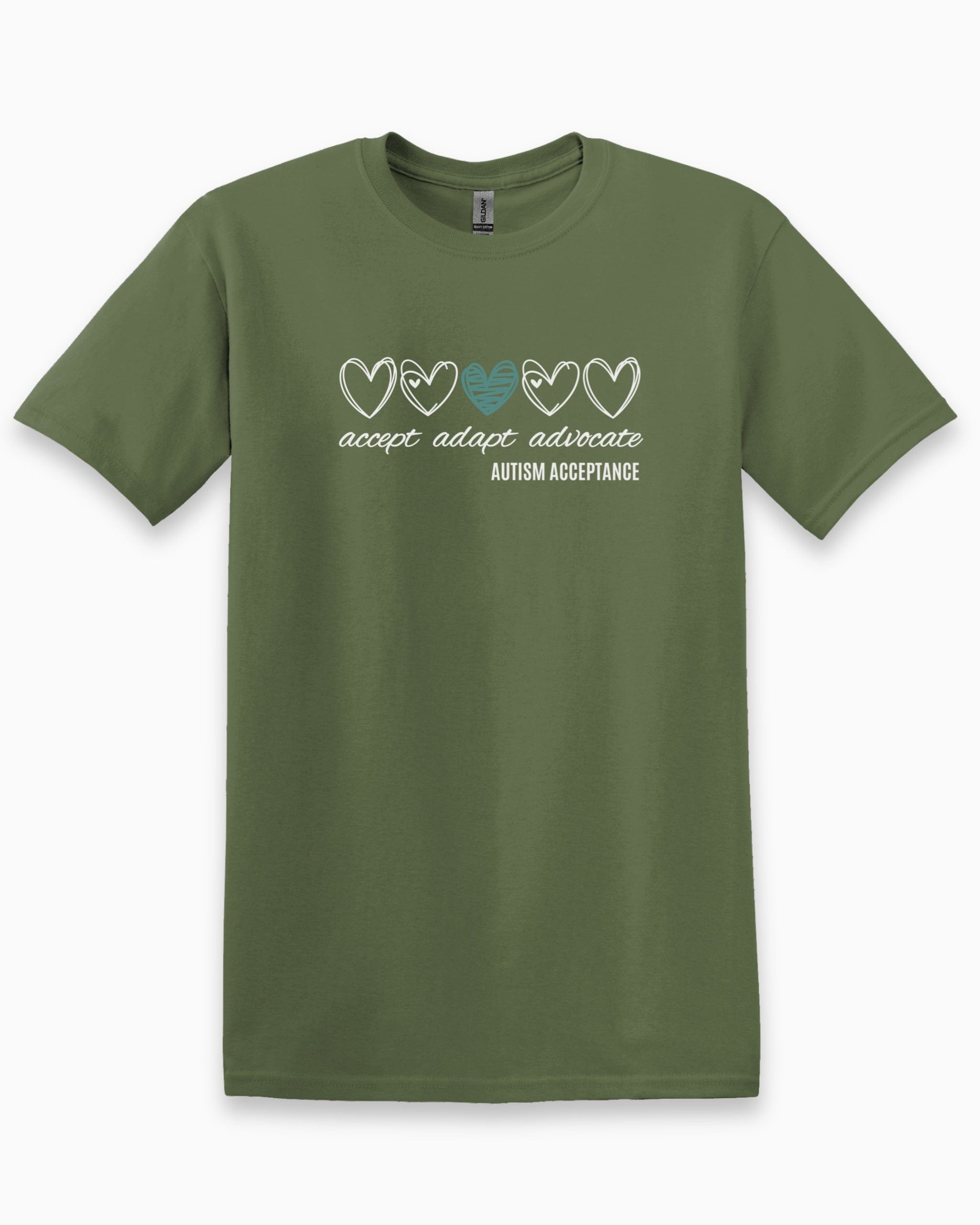 Accept Adapt Advocate Love Hearts Tee-Military Green-Neurodiversity, ADHD & Autism Awareness & Acceptance T-Shirt by Daily Bloom