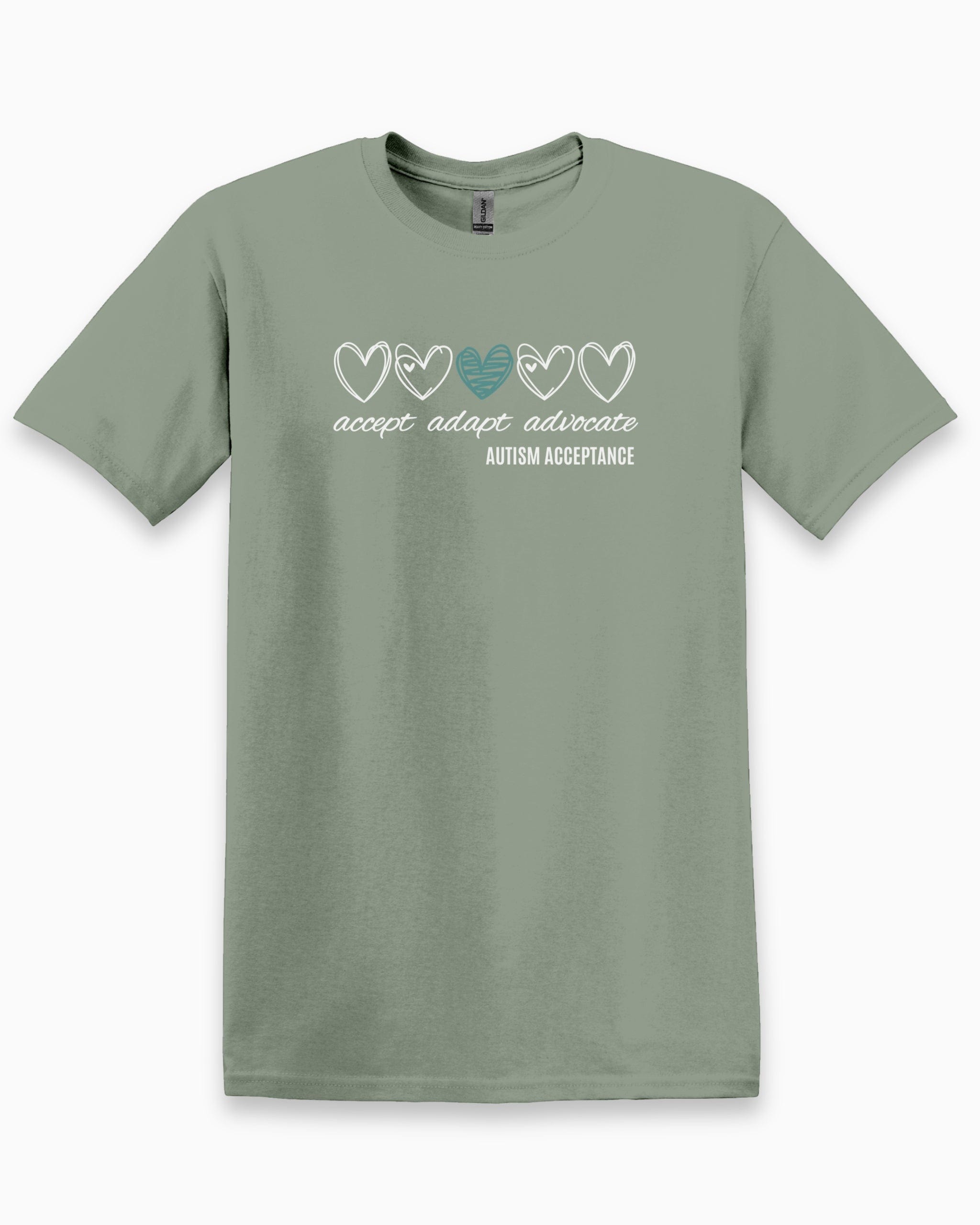 Accept Adapt Advocate Love Hearts Tee-Sage-Neurodiversity, ADHD & Autism Awareness & Acceptance T-Shirt by Daily Bloom