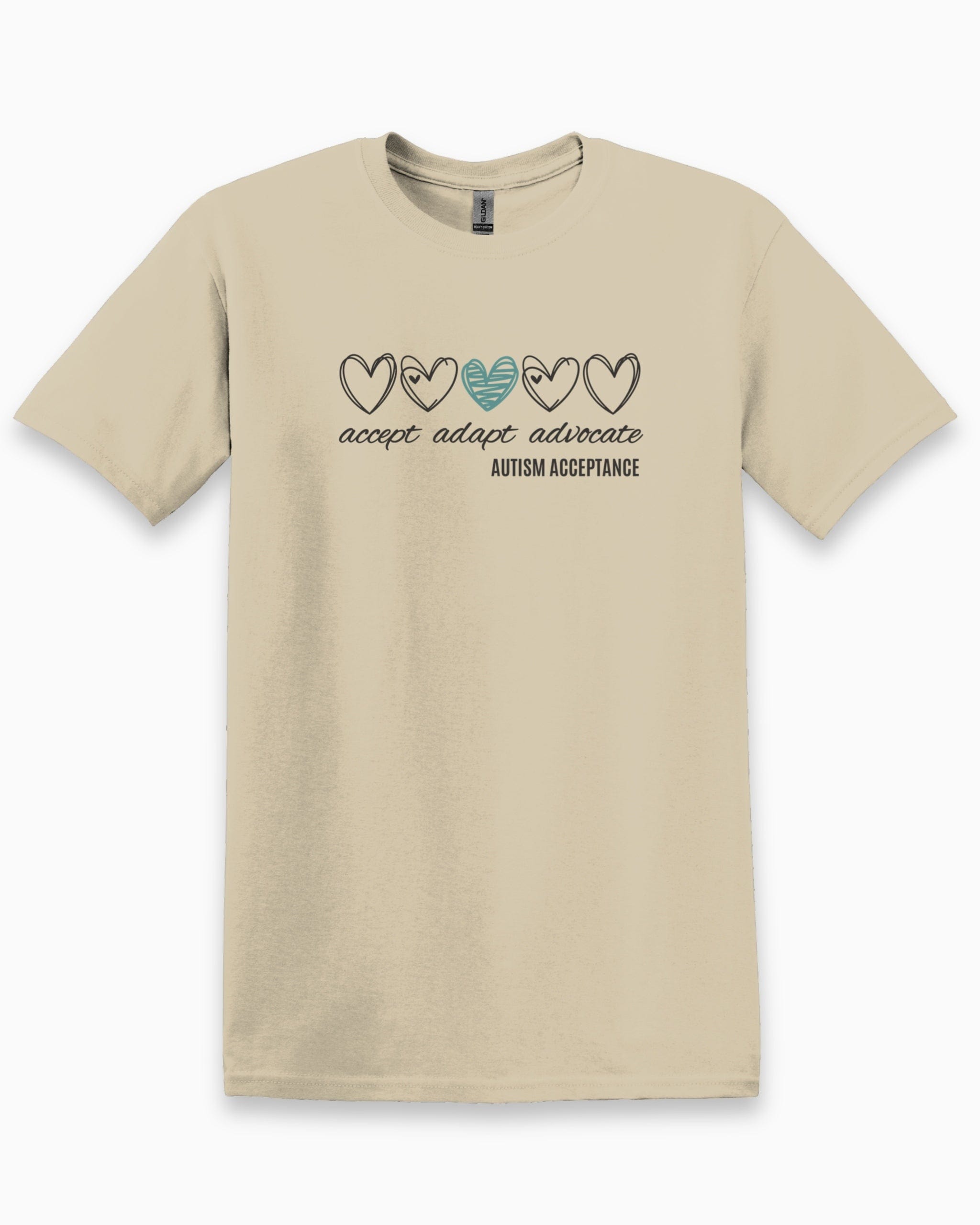 Accept Adapt Advocate Love Hearts Tee-Sand-Neurodiversity, ADHD & Autism Awareness & Acceptance T-Shirt by Daily Bloom