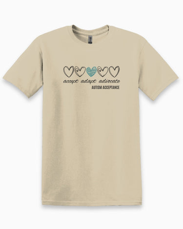Autism T-Shirt - Accept Adapt Advocate Love Hearts Tee - Daily Bloom