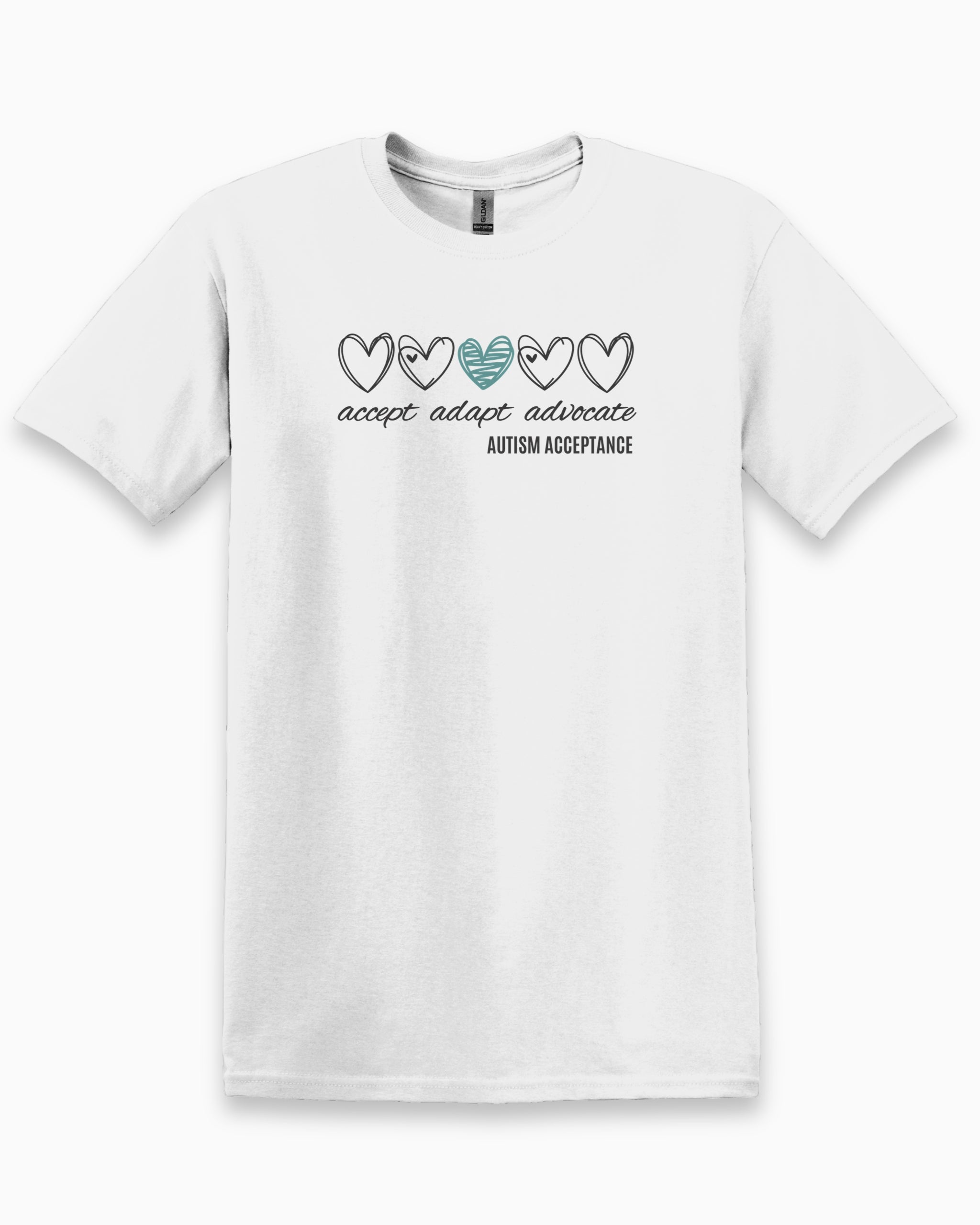 Accept Adapt Advocate Love Hearts Tee-White-Neurodiversity, ADHD & Autism Awareness & Acceptance T-Shirt by Daily Bloom