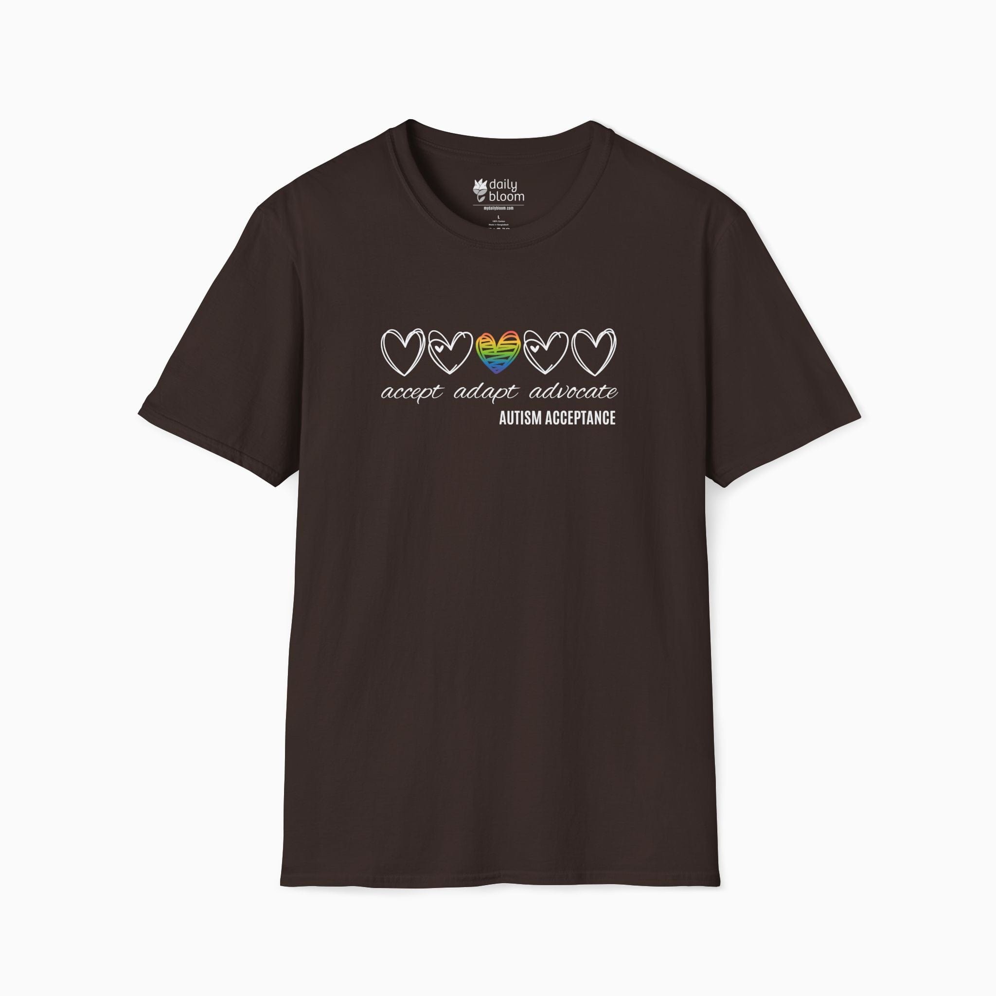 Autism T-Shirt By Daily Bloom Accept Adapt Advocate Rainbow Love Heart Tee Dark Chocolate / S