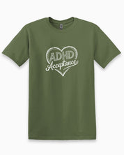 Autism T-Shirt By Daily Bloom ADHD Acceptance Love Heart Sketch Tee Military Green / S