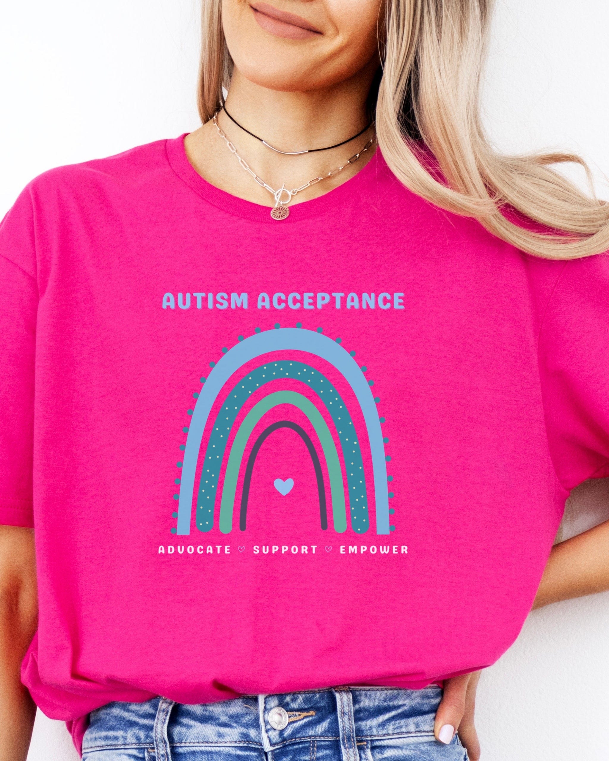 Advocate Support Empower Autism Acceptance Rainbow Tee-Neurodiversity, ADHD & Autism Awareness & Acceptance T-Shirt by Daily Bloom