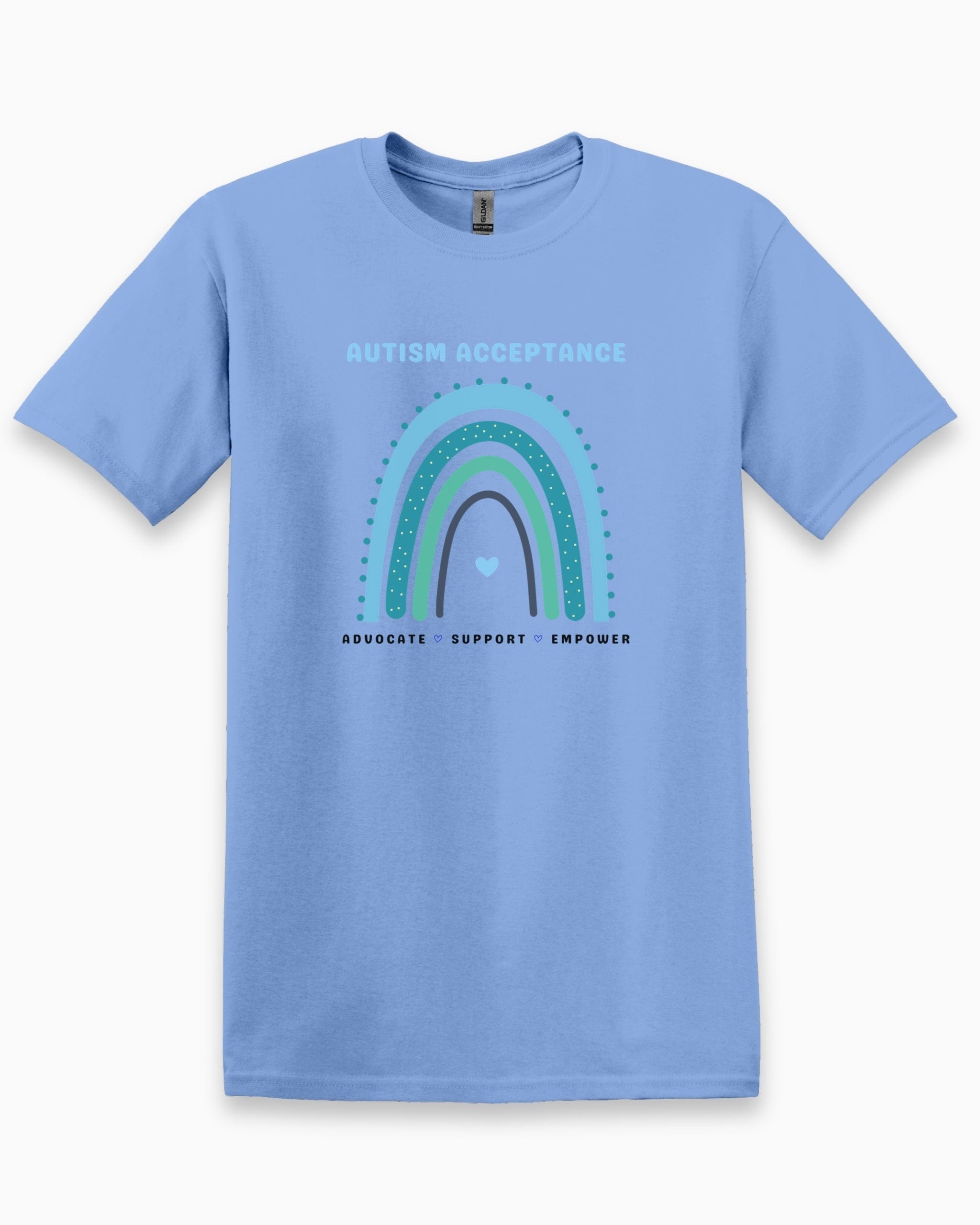 Advocate Support Empower Autism Acceptance Rainbow Tee-Carolina Blue-Neurodiversity, ADHD & Autism Awareness & Acceptance T-Shirt by Daily Bloom