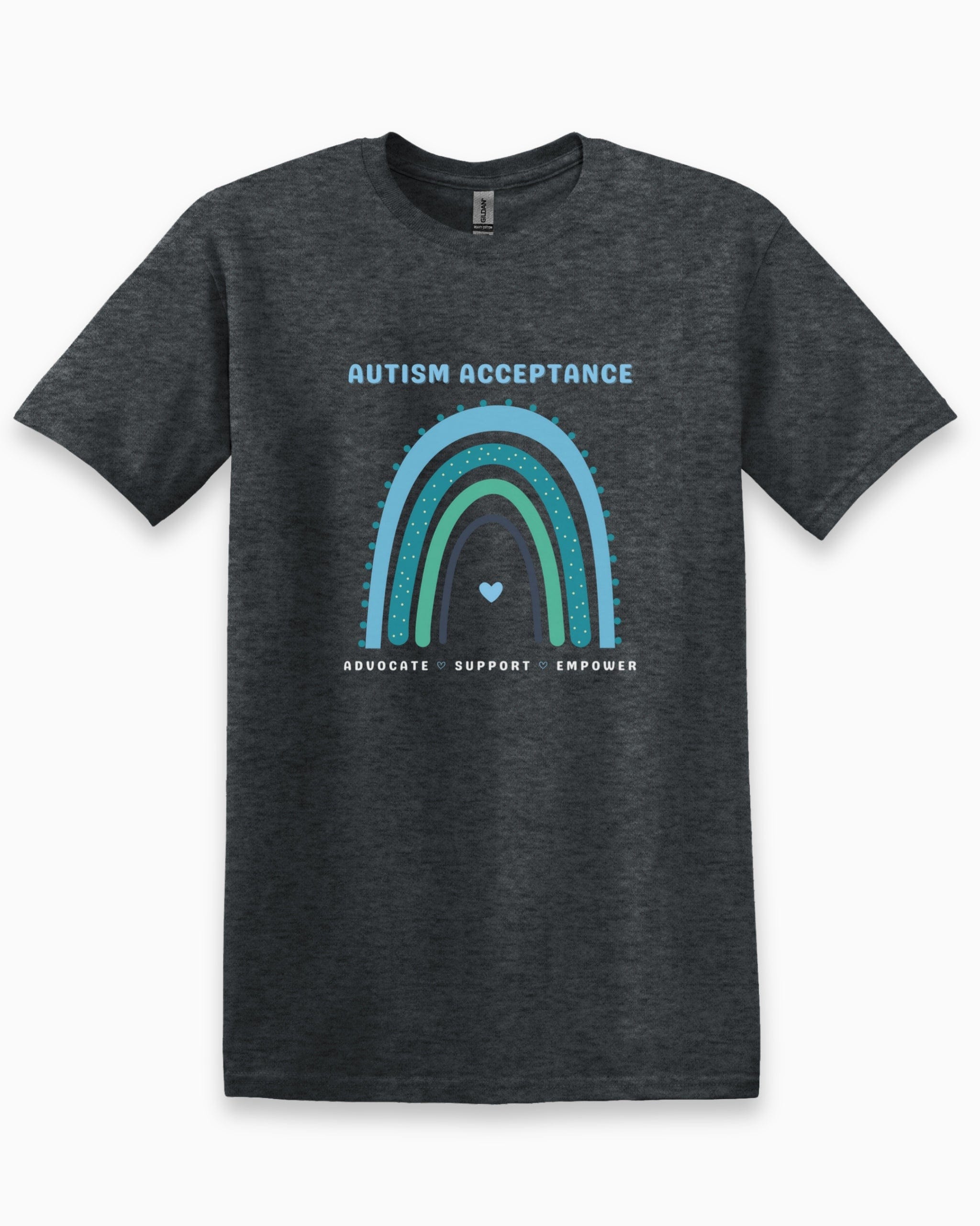 Advocate Support Empower Autism Acceptance Rainbow Tee-Dark Heather Grey-Neurodiversity, ADHD & Autism Awareness & Acceptance T-Shirt by Daily Bloom