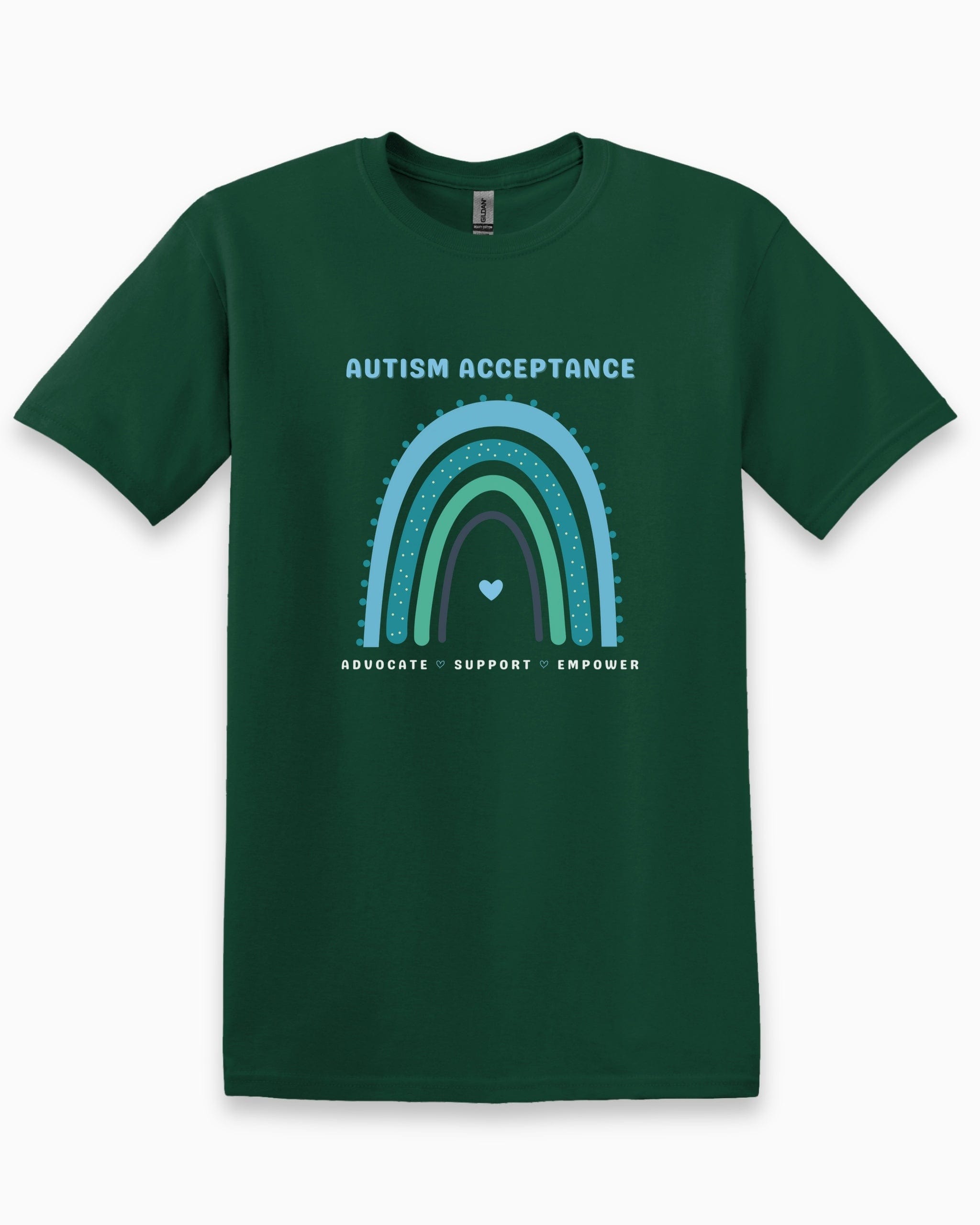 Advocate Support Empower Autism Acceptance Rainbow Tee-Forest Green-Neurodiversity, ADHD & Autism Awareness & Acceptance T-Shirt by Daily Bloom