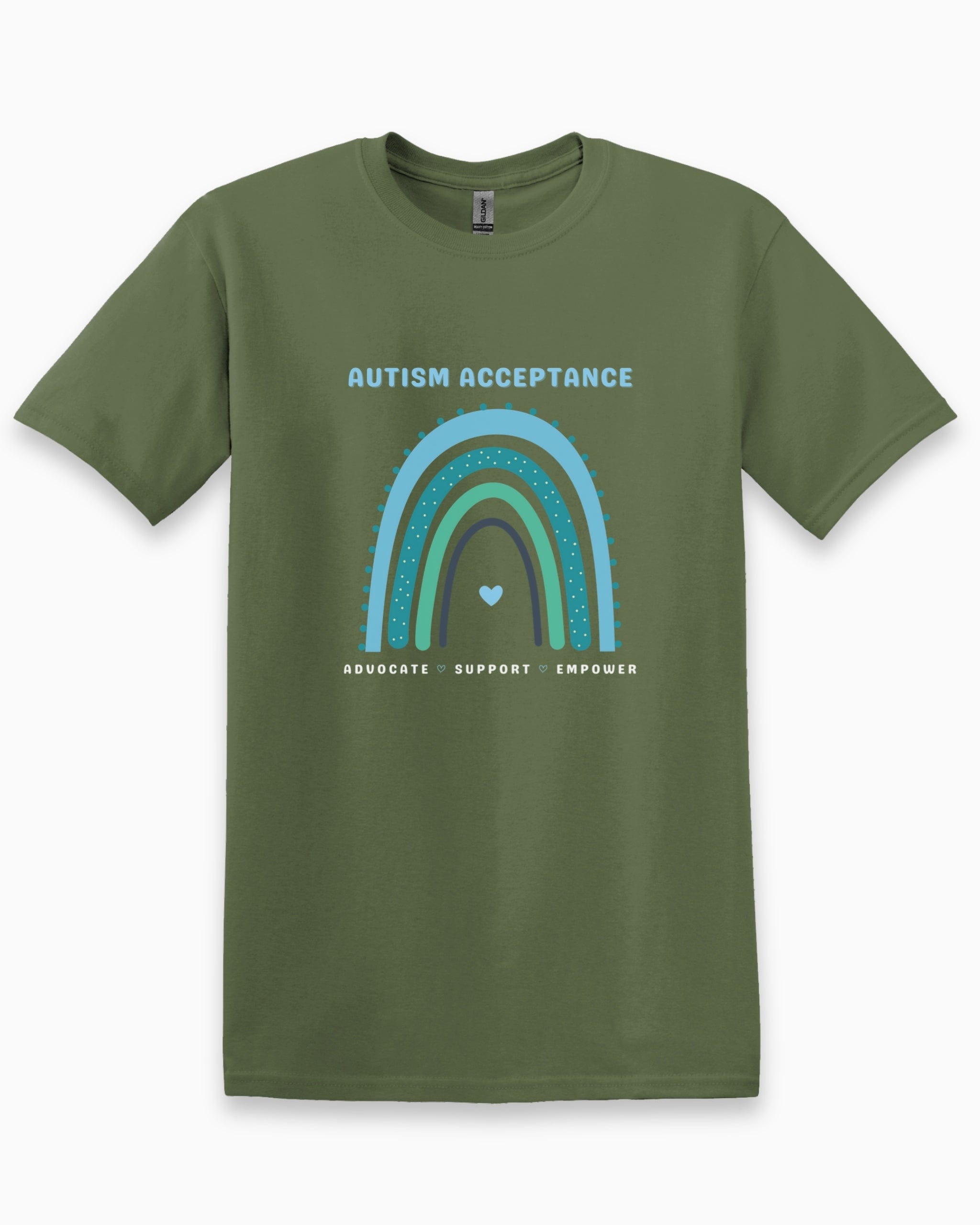 Advocate Support Empower Autism Acceptance Rainbow Tee-Military Green-Neurodiversity, ADHD & Autism Awareness & Acceptance T-Shirt by Daily Bloom