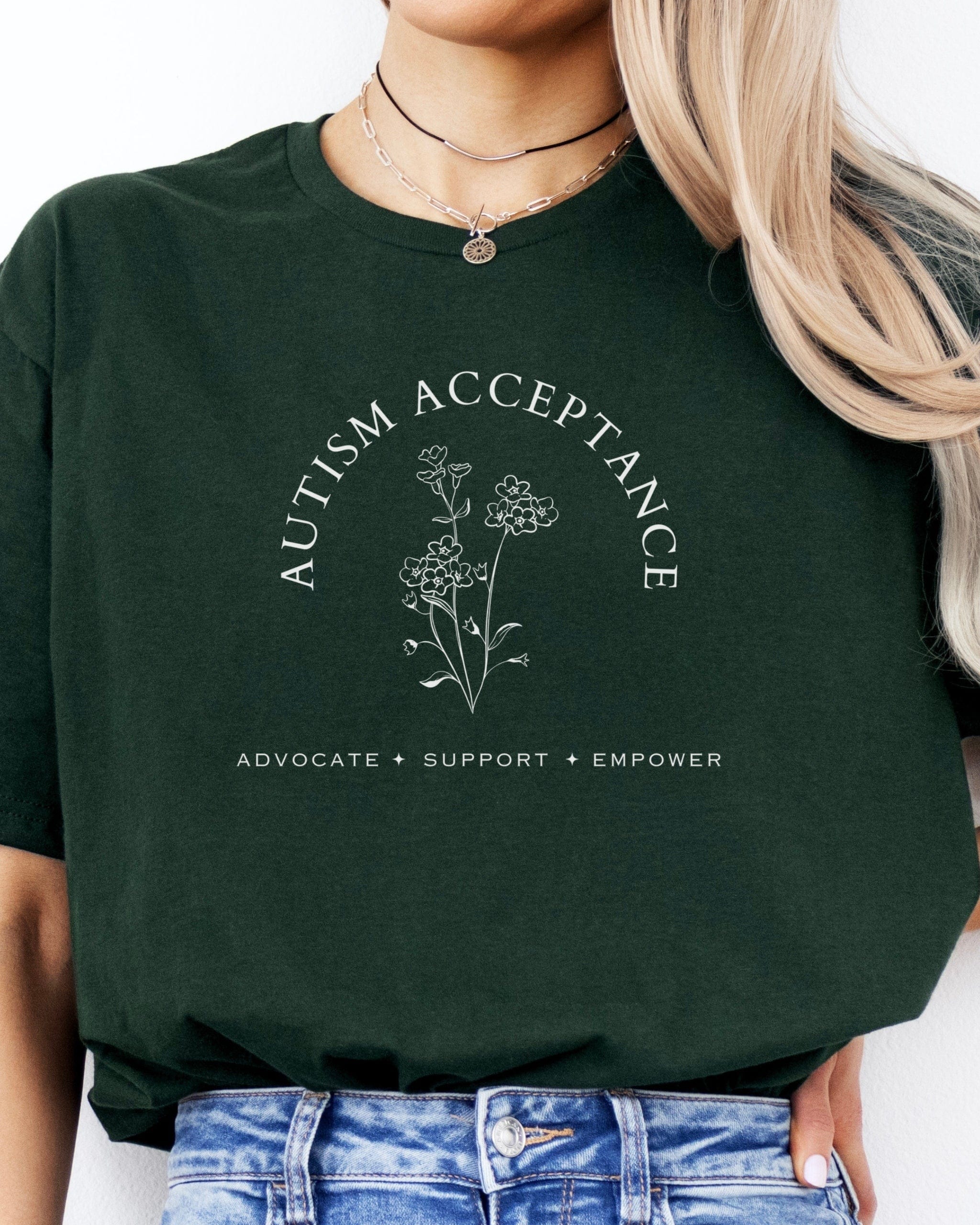 Autism Acceptance - Advocate Support Empower Tee-Neurodiversity, ADHD & Autism Awareness & Acceptance T-Shirt by Daily Bloom