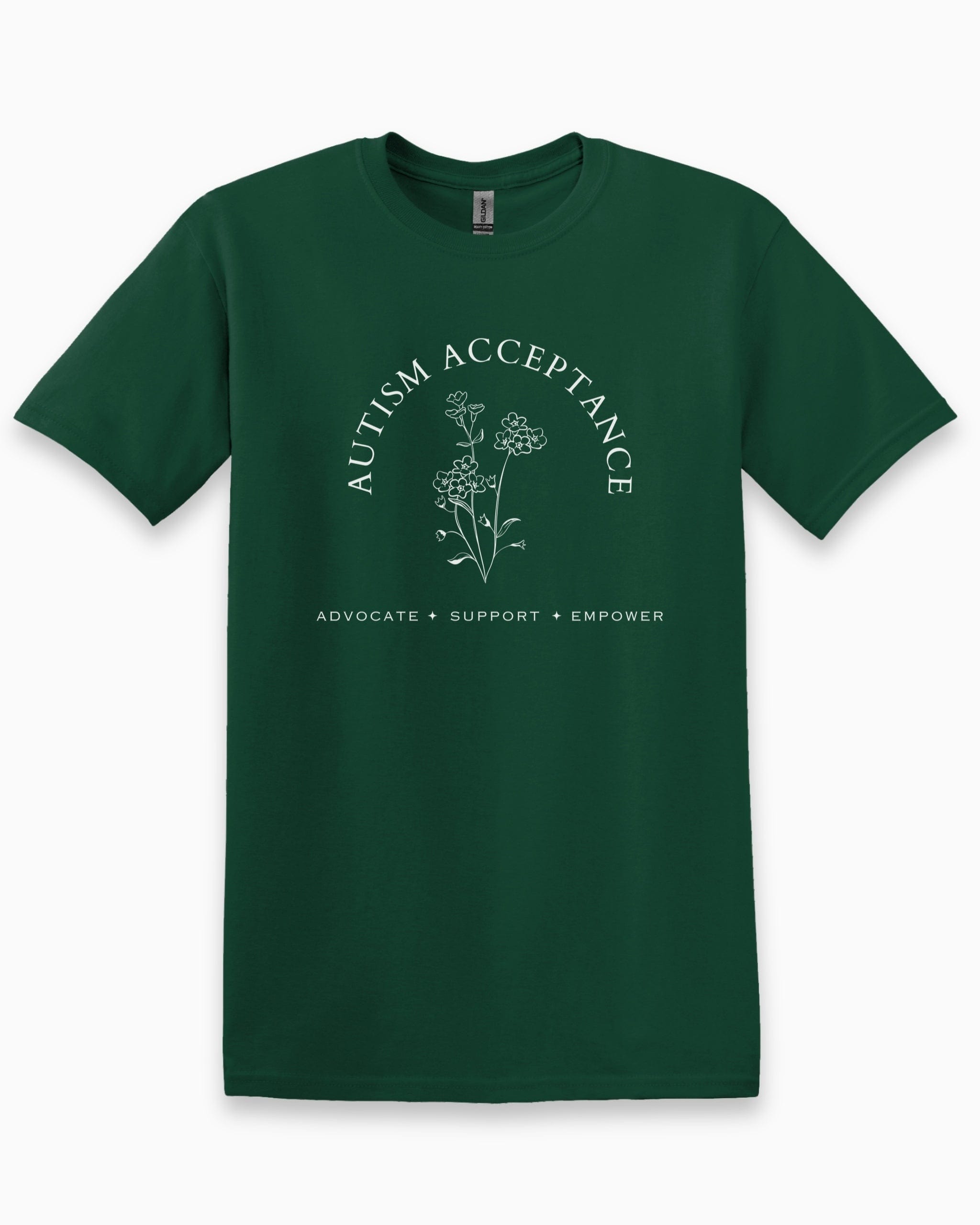 Autism Acceptance - Advocate Support Empower Tee-Forest Green-Neurodiversity, ADHD & Autism Awareness & Acceptance T-Shirt by Daily Bloom