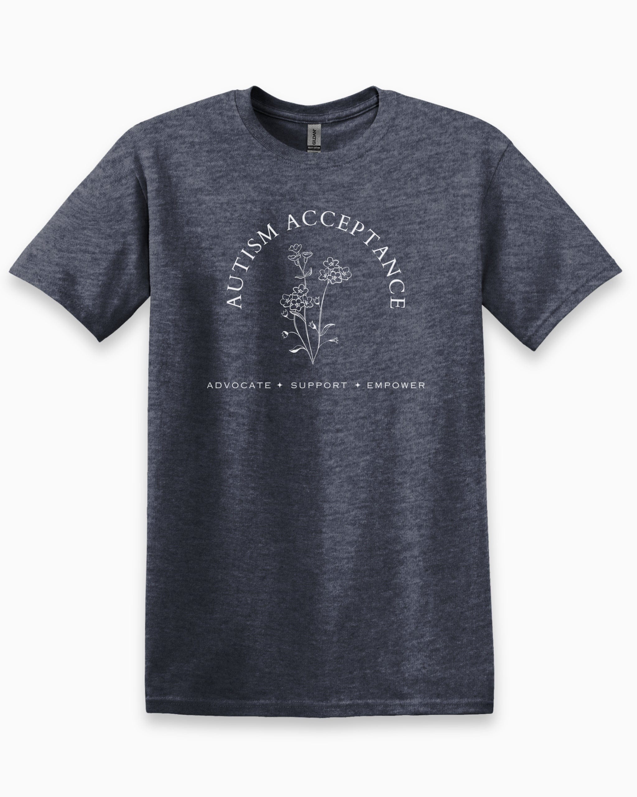Autism Acceptance - Advocate Support Empower Tee-Heather Navy-Neurodiversity, ADHD & Autism Awareness & Acceptance T-Shirt by Daily Bloom