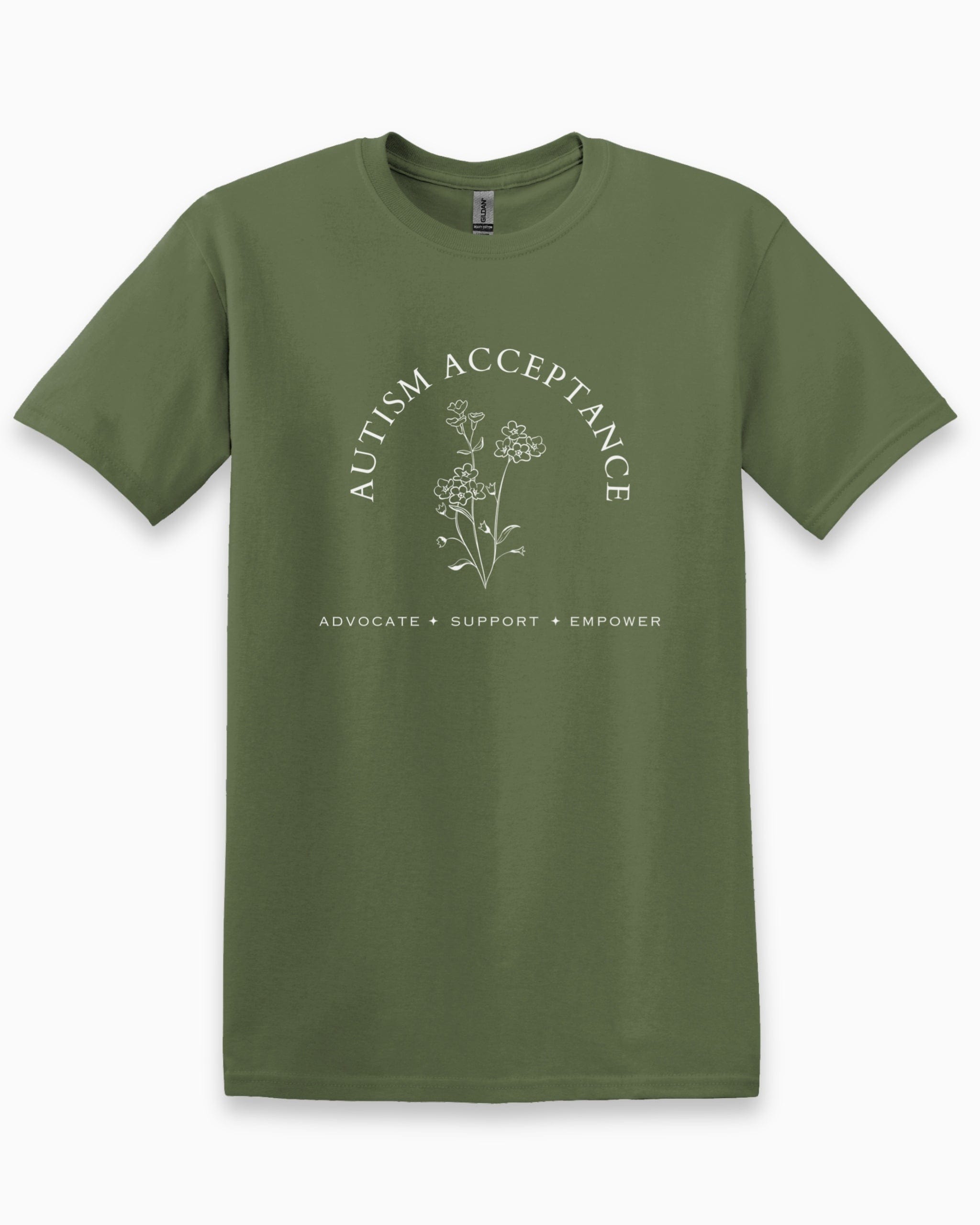 Autism Acceptance - Advocate Support Empower Tee-Military Green-Neurodiversity, ADHD & Autism Awareness & Acceptance T-Shirt by Daily Bloom