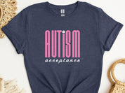 Autism Acceptance Retro Pink Tee-Heather Navy-Neurodiversity, ADHD & Autism Awareness & Acceptance T-Shirt by Daily Bloom