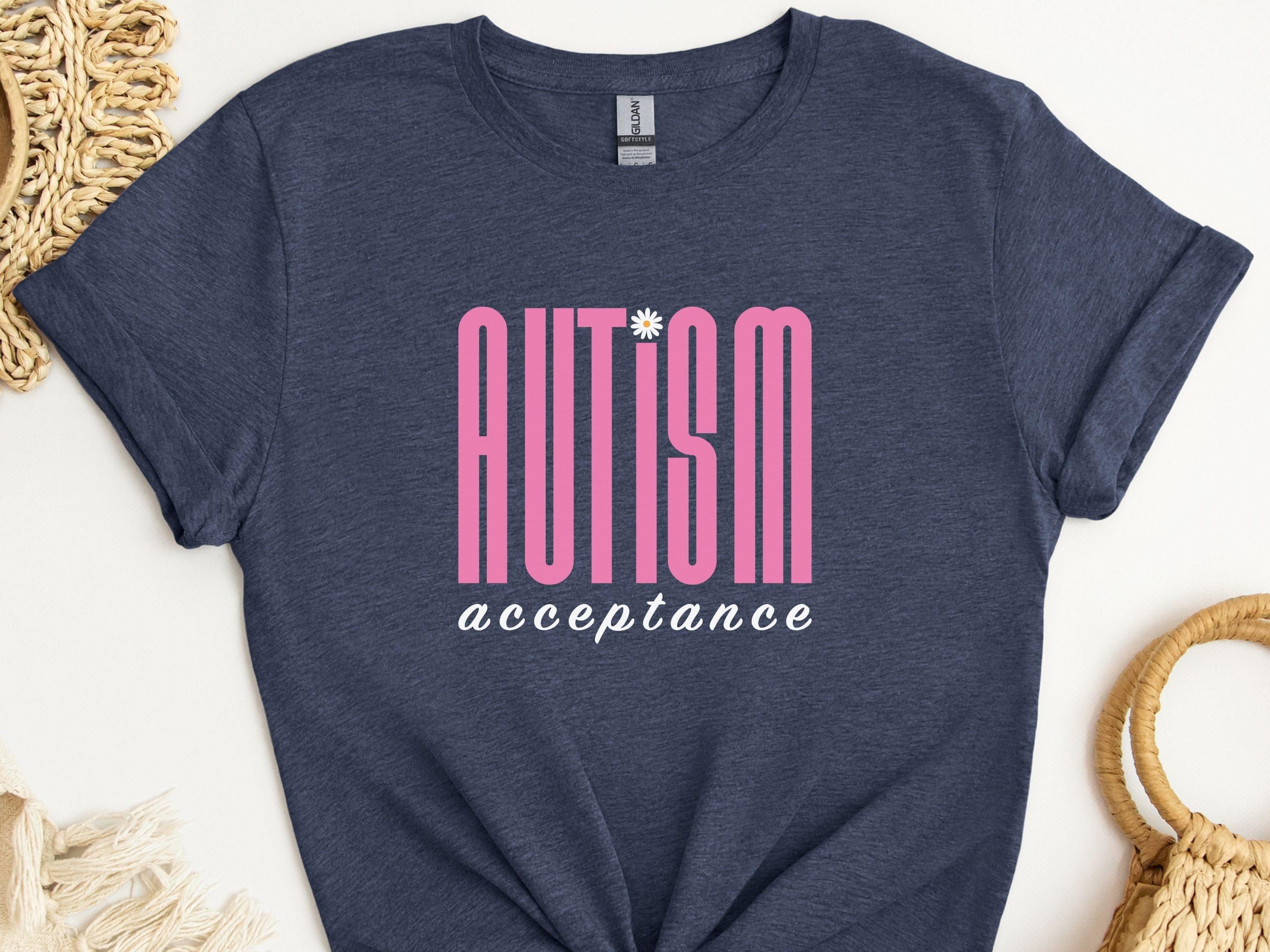 Autism Acceptance Retro Pink Tee-Heather Navy-Neurodiversity, ADHD & Autism Awareness & Acceptance T-Shirt by Daily Bloom