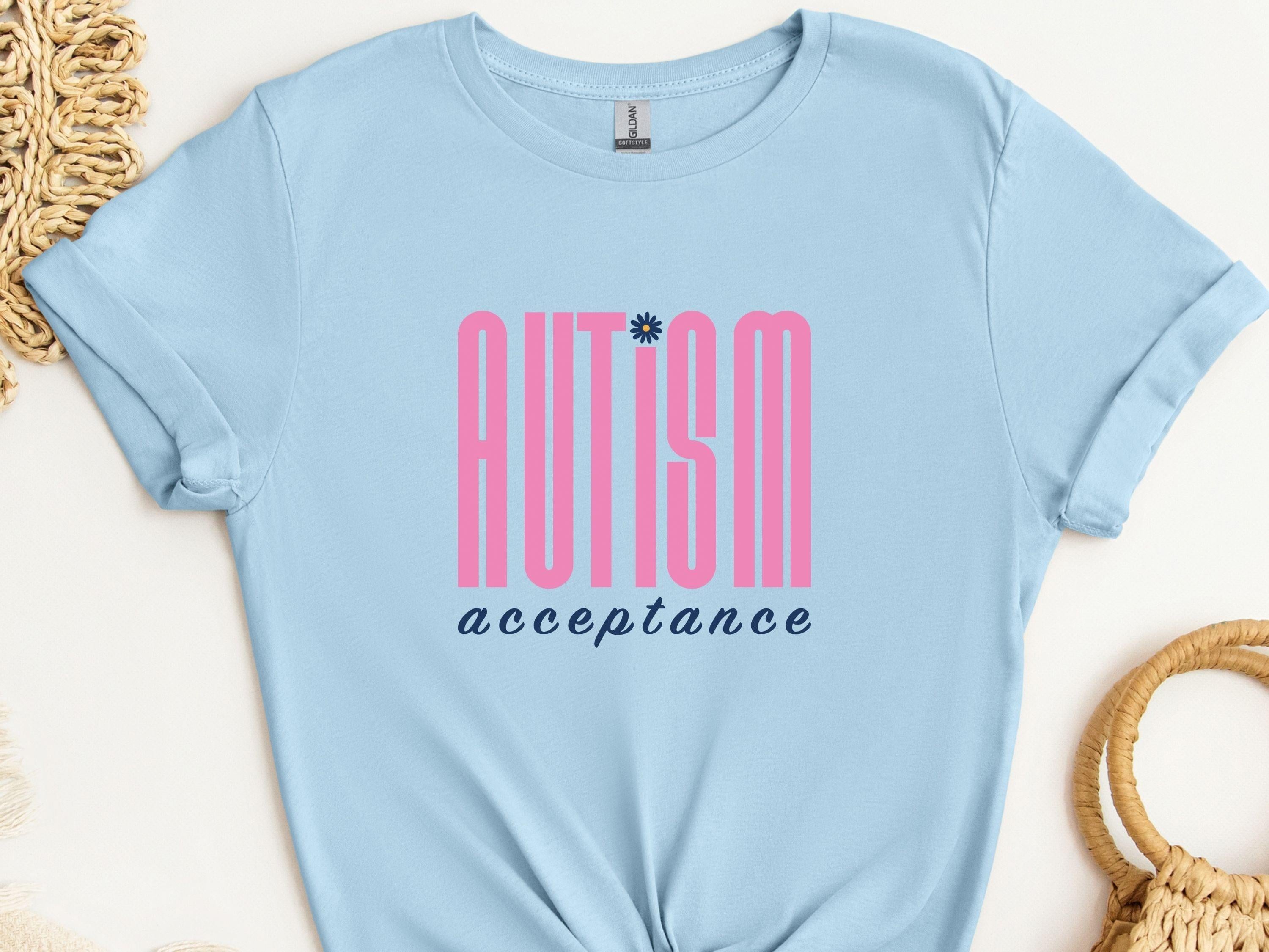 Autism Acceptance Retro Pink Tee-Light Blue-Neurodiversity, ADHD & Autism Awareness & Acceptance T-Shirt by Daily Bloom