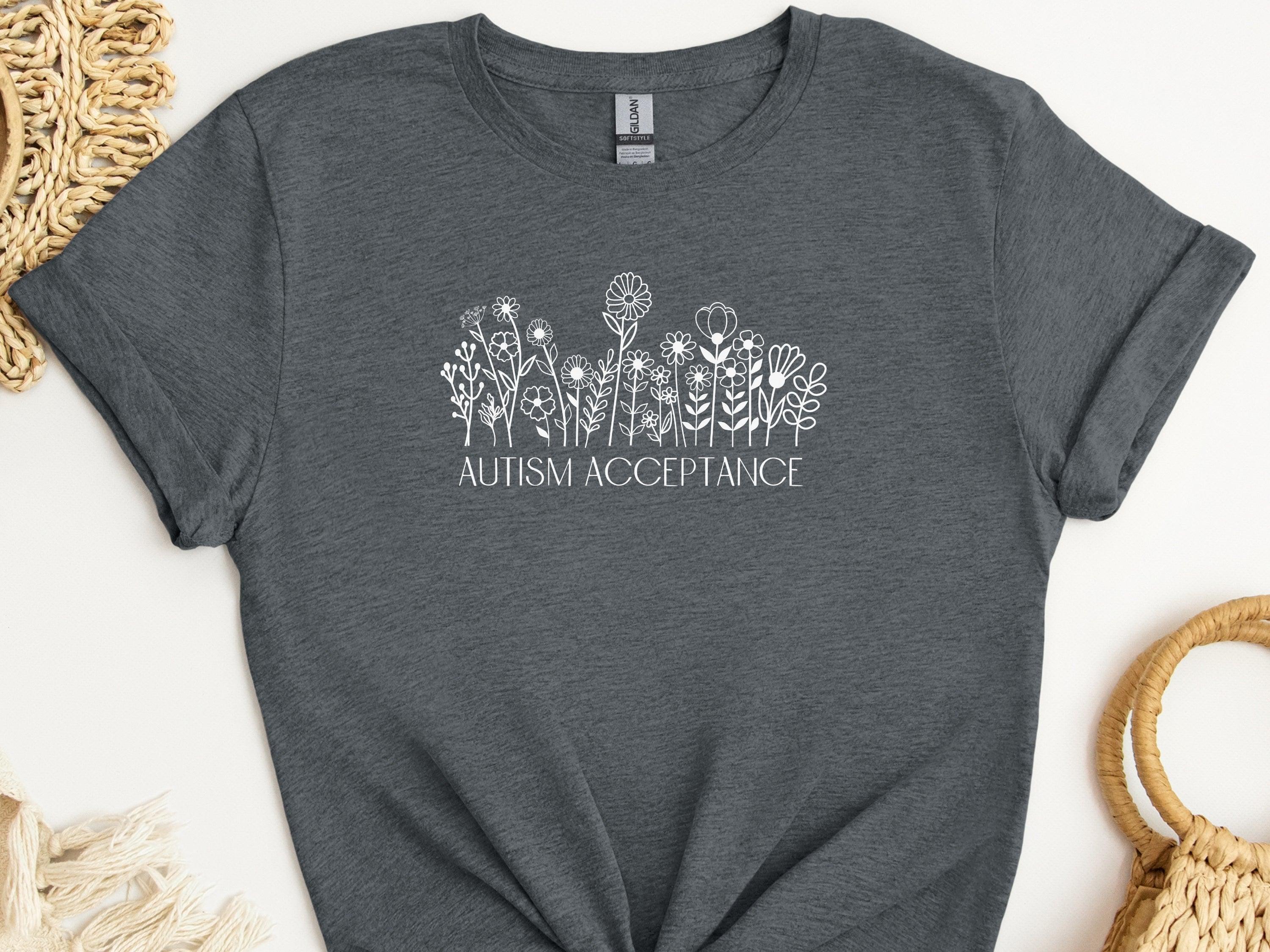 Autism Acceptance Wildflowers Tee-Dark Heather Grey-Neurodiversity, ADHD & Autism Awareness & Acceptance T-Shirt by Daily Bloom