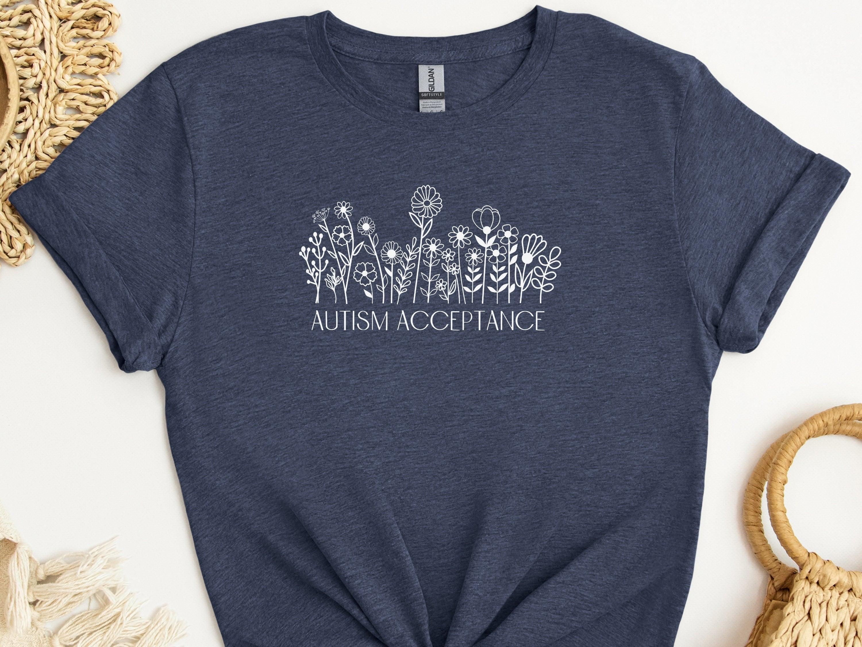 Autism Acceptance Wildflowers Tee-Heather Navy-Neurodiversity, ADHD & Autism Awareness & Acceptance T-Shirt by Daily Bloom