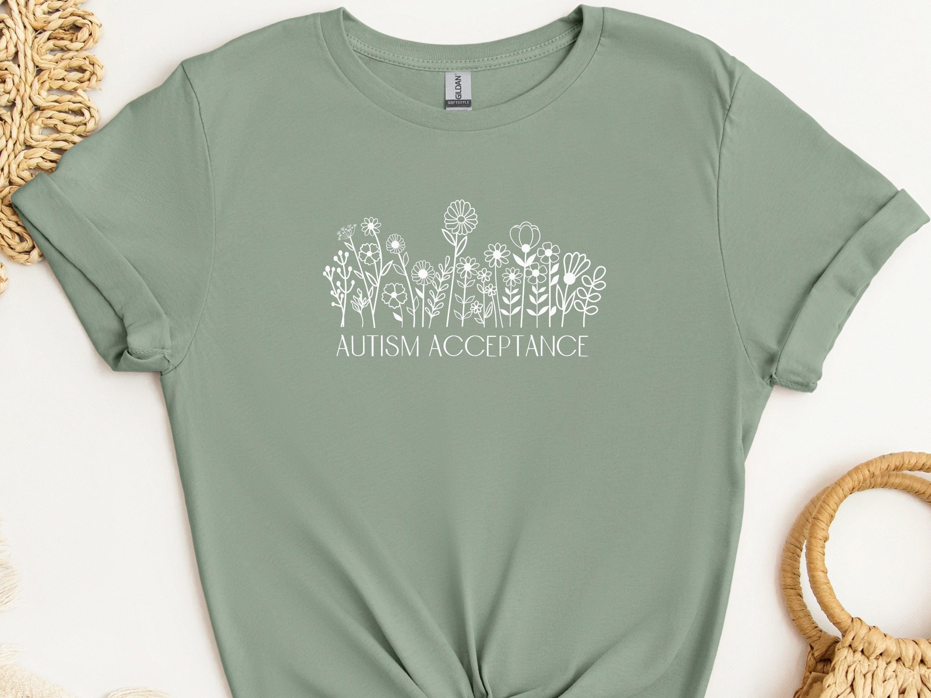 Autism Acceptance Wildflowers Tee-Sage-Neurodiversity, ADHD & Autism Awareness & Acceptance T-Shirt by Daily Bloom