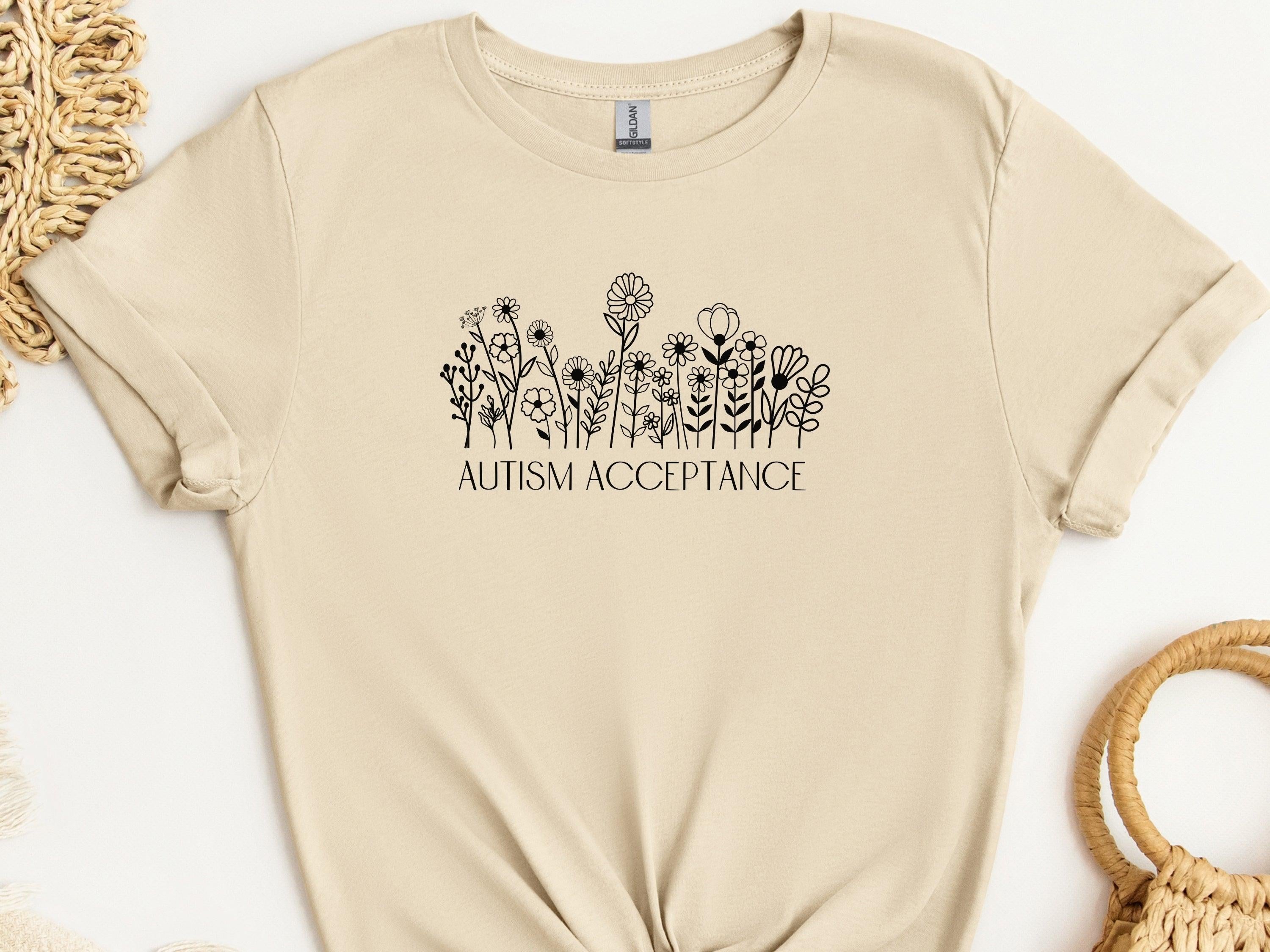 Autism Acceptance Wildflowers Tee-Sand-Neurodiversity, ADHD & Autism Awareness & Acceptance T-Shirt by Daily Bloom