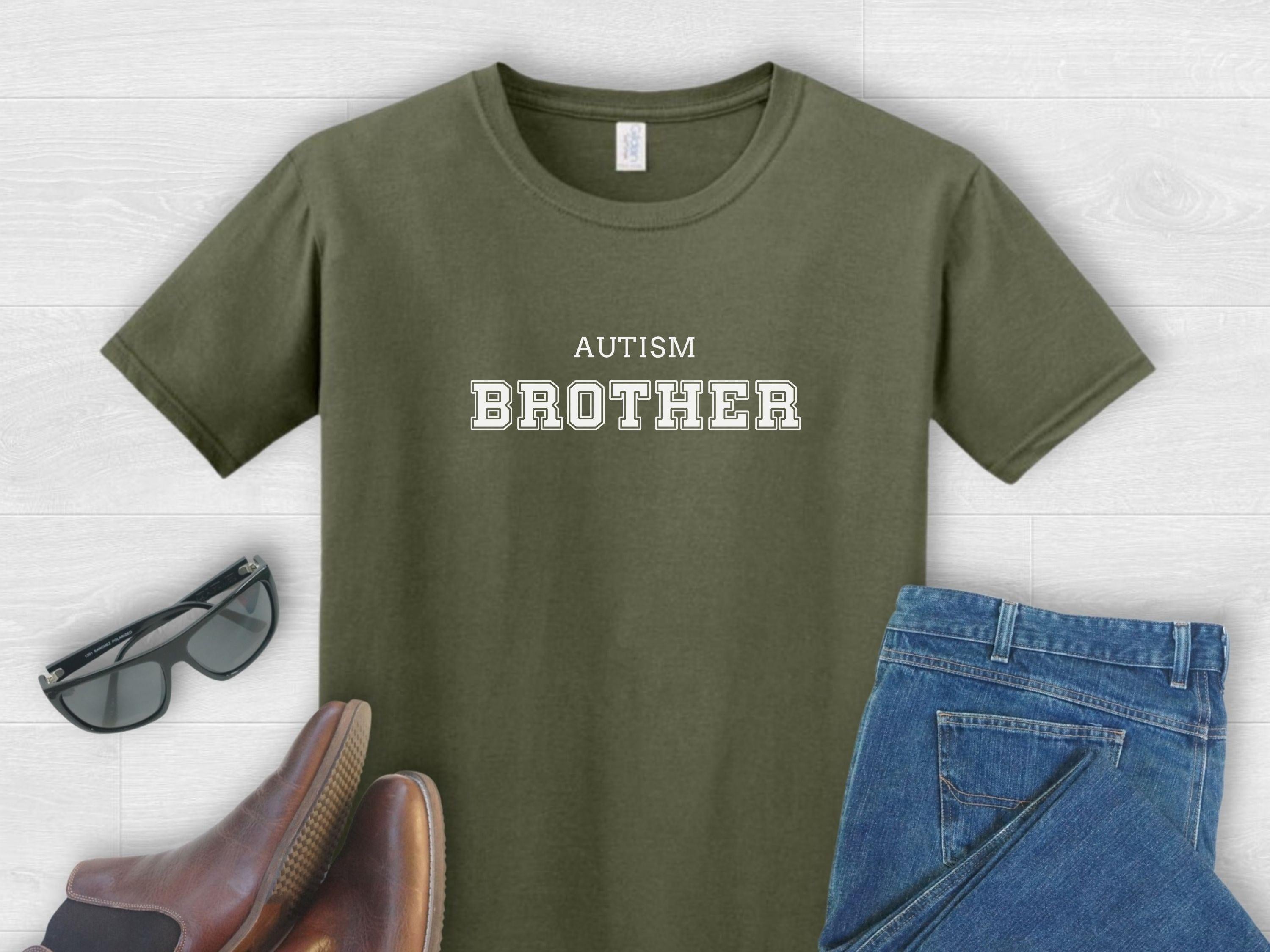 Autism Brother College Tee-Military Green-Neurodiversity, ADHD & Autism Awareness & Acceptance T-Shirt by Daily Bloom