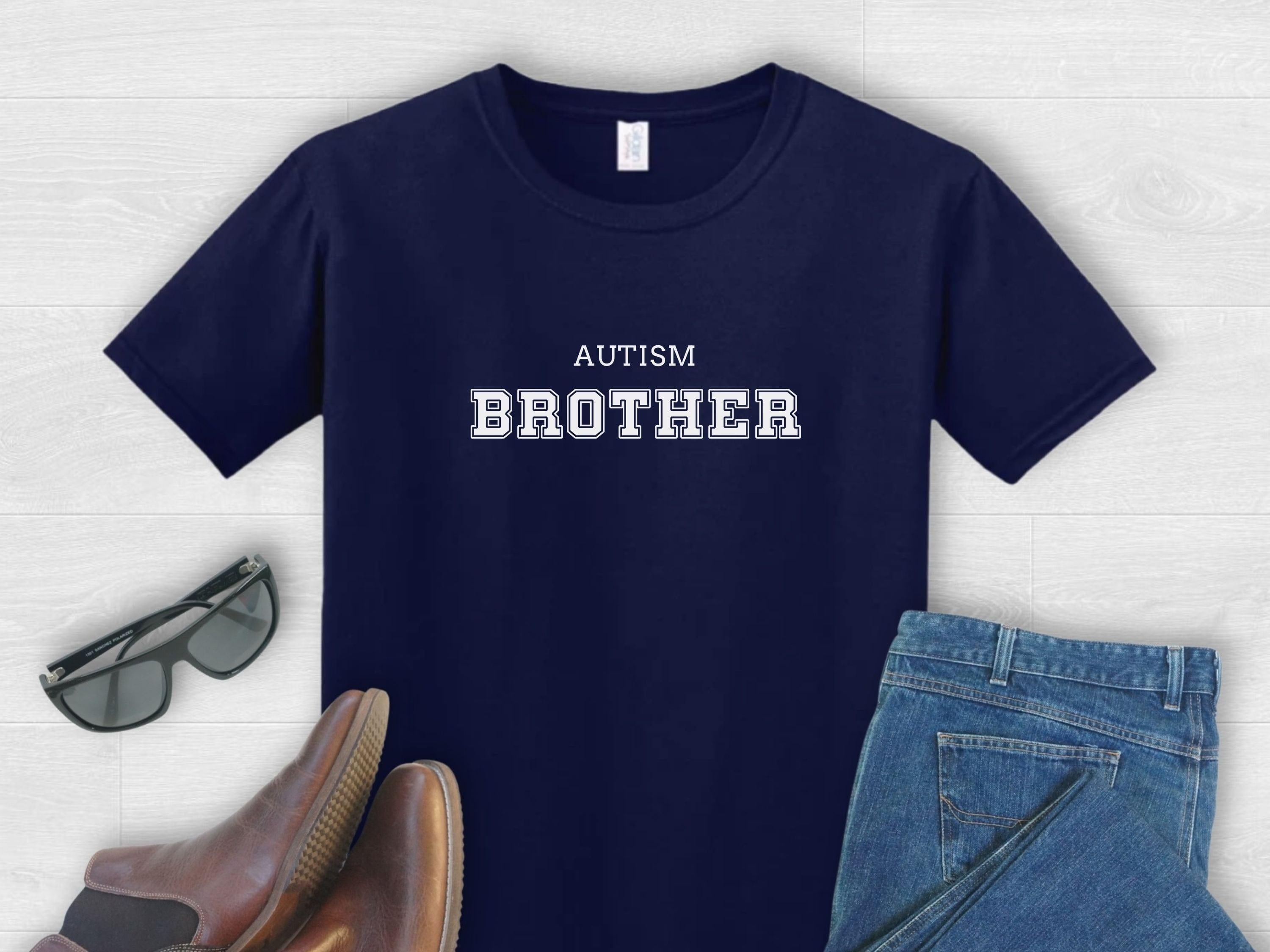 Autism Brother College Tee-Navy-Neurodiversity, ADHD & Autism Awareness & Acceptance T-Shirt by Daily Bloom