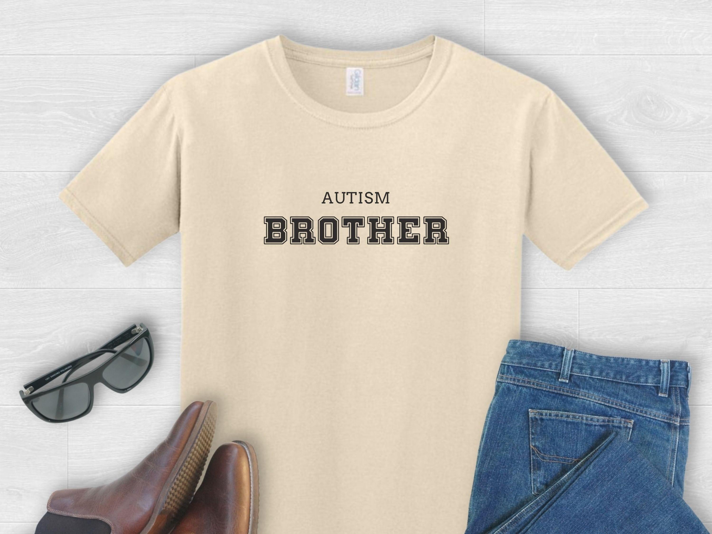 Autism Brother College Tee-Sand-Neurodiversity, ADHD & Autism Awareness & Acceptance T-Shirt by Daily Bloom