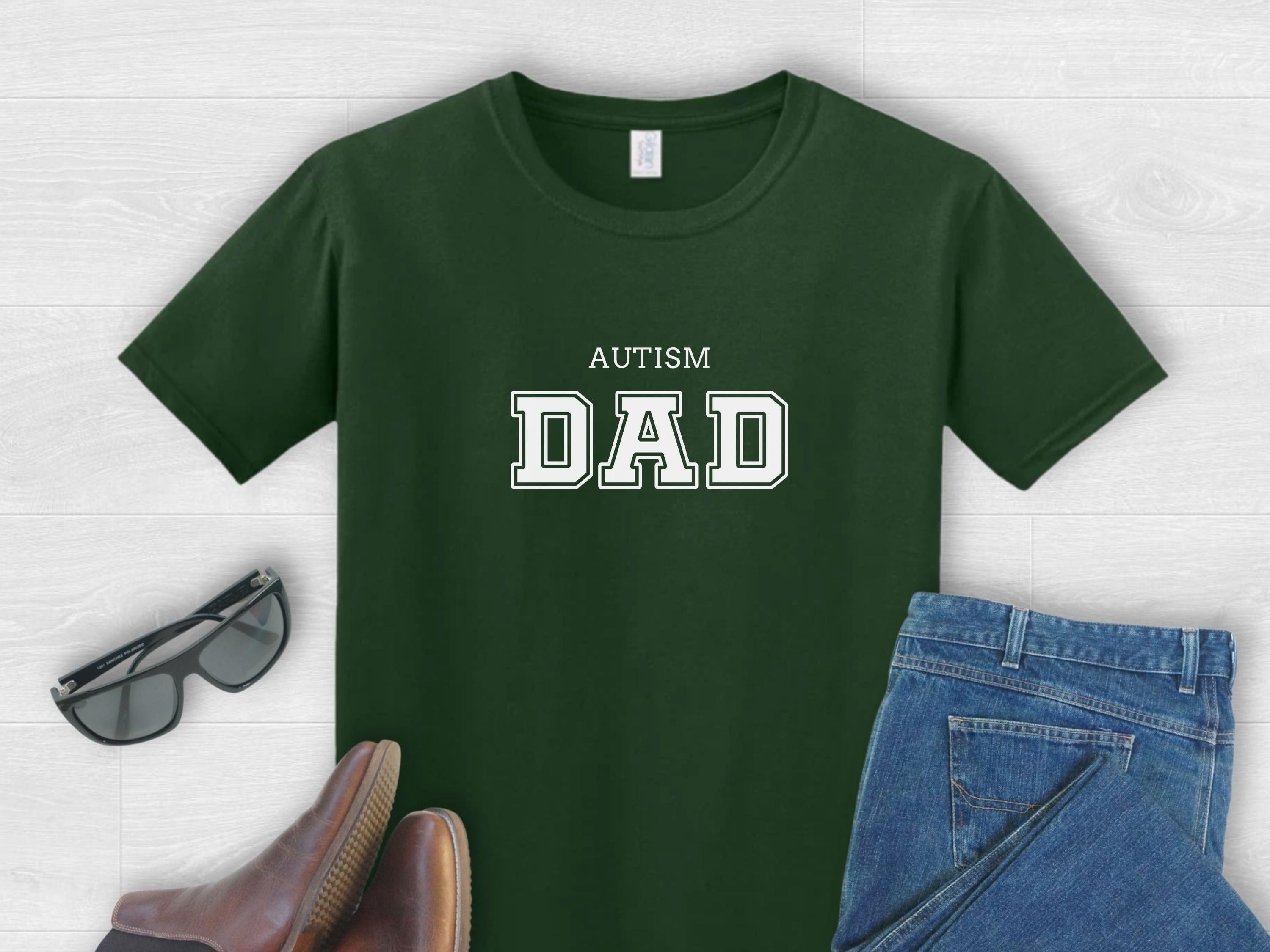 Autism Dad College Tee-Forest Green-Neurodiversity, ADHD & Autism Awareness & Acceptance T-Shirt by Daily Bloom