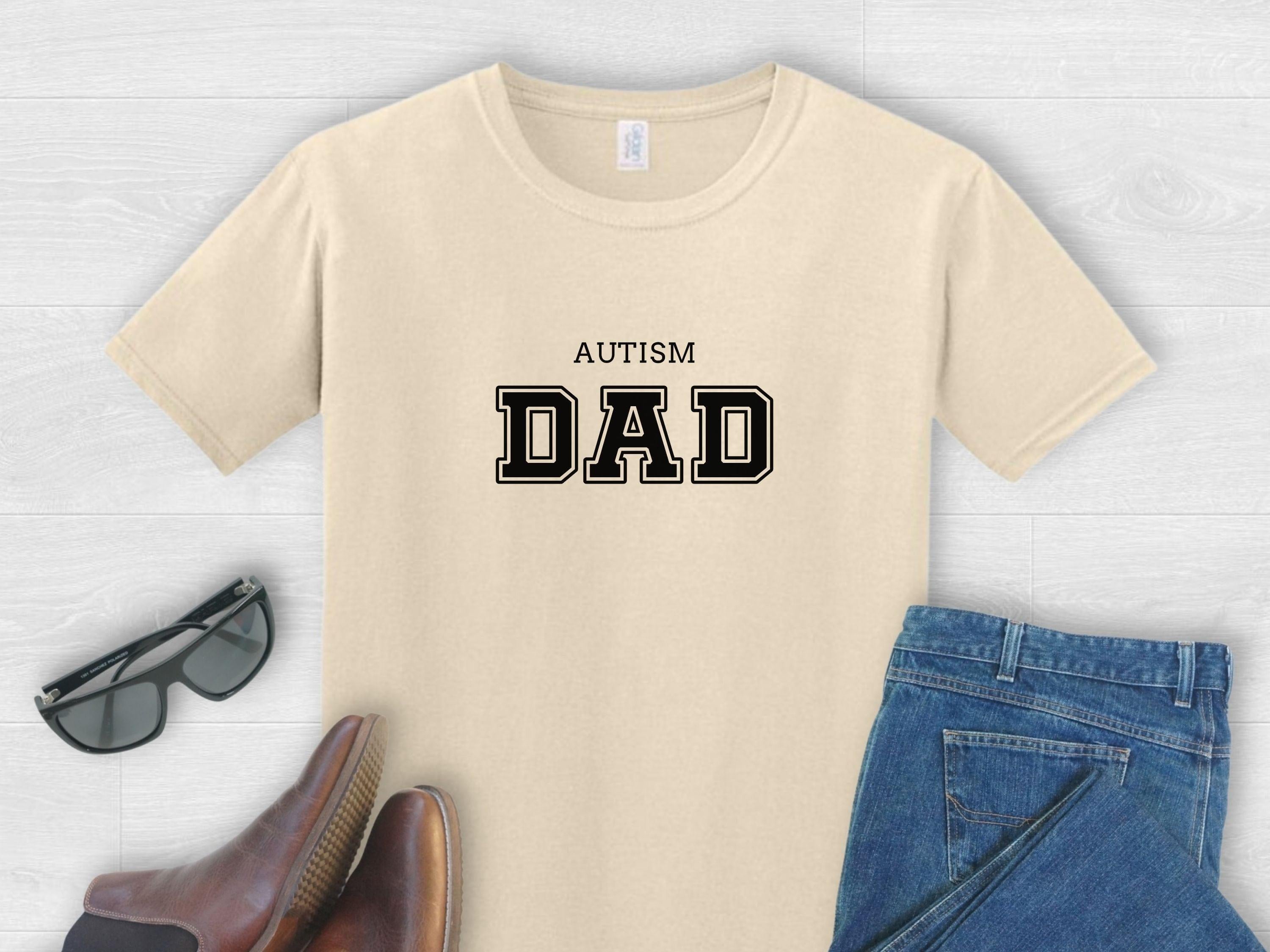 Autism Dad College Tee-Sand-Neurodiversity, ADHD & Autism Awareness & Acceptance T-Shirt by Daily Bloom