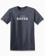 Autism Sister College Tee-Heather Navy-Neurodiversity, ADHD & Autism Awareness & Acceptance T-Shirt by Daily Bloom
