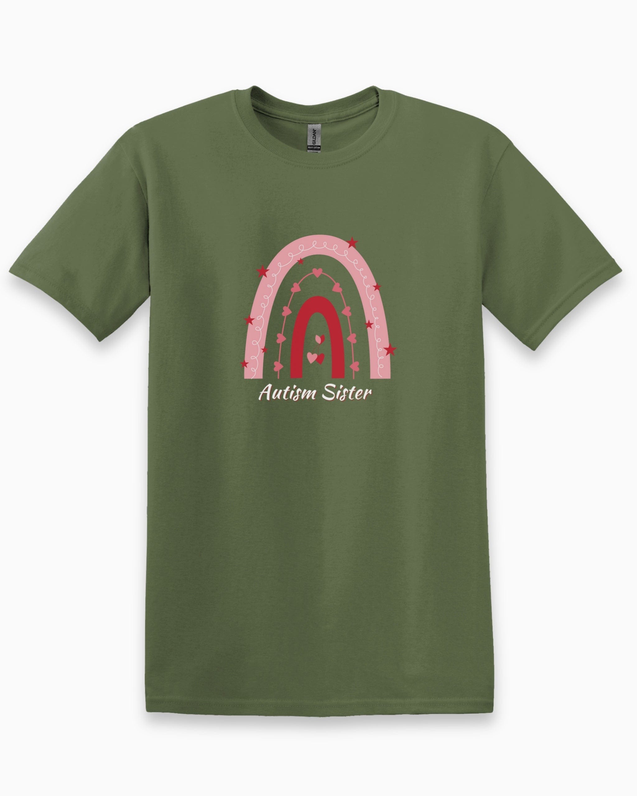 Autism Sister Rainbow Tee-Military Green-Neurodiversity, ADHD & Autism Awareness & Acceptance T-Shirt by Daily Bloom