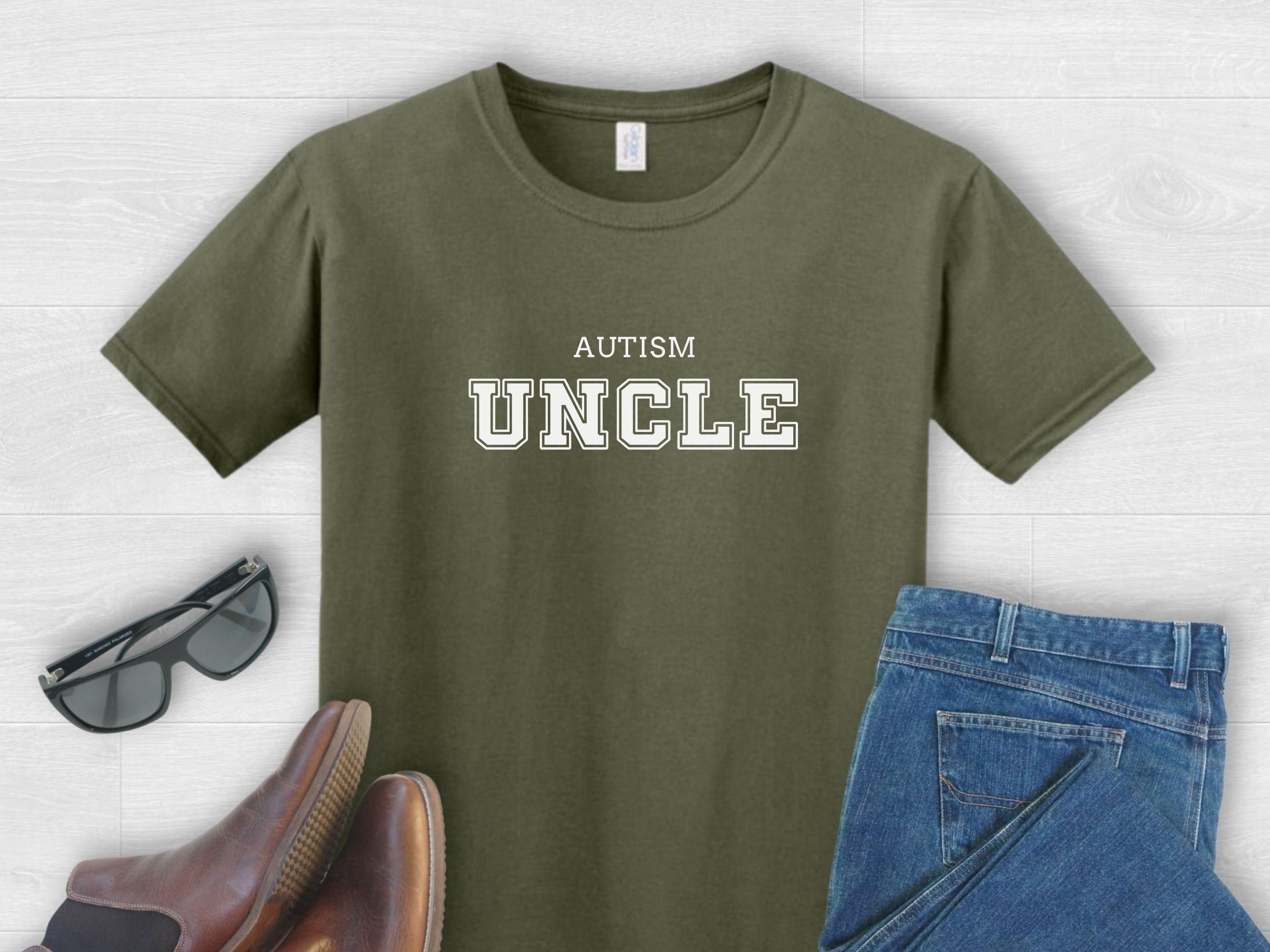 Autism Uncle College Tee-Military Green-Neurodiversity, ADHD & Autism Awareness & Acceptance T-Shirt by Daily Bloom