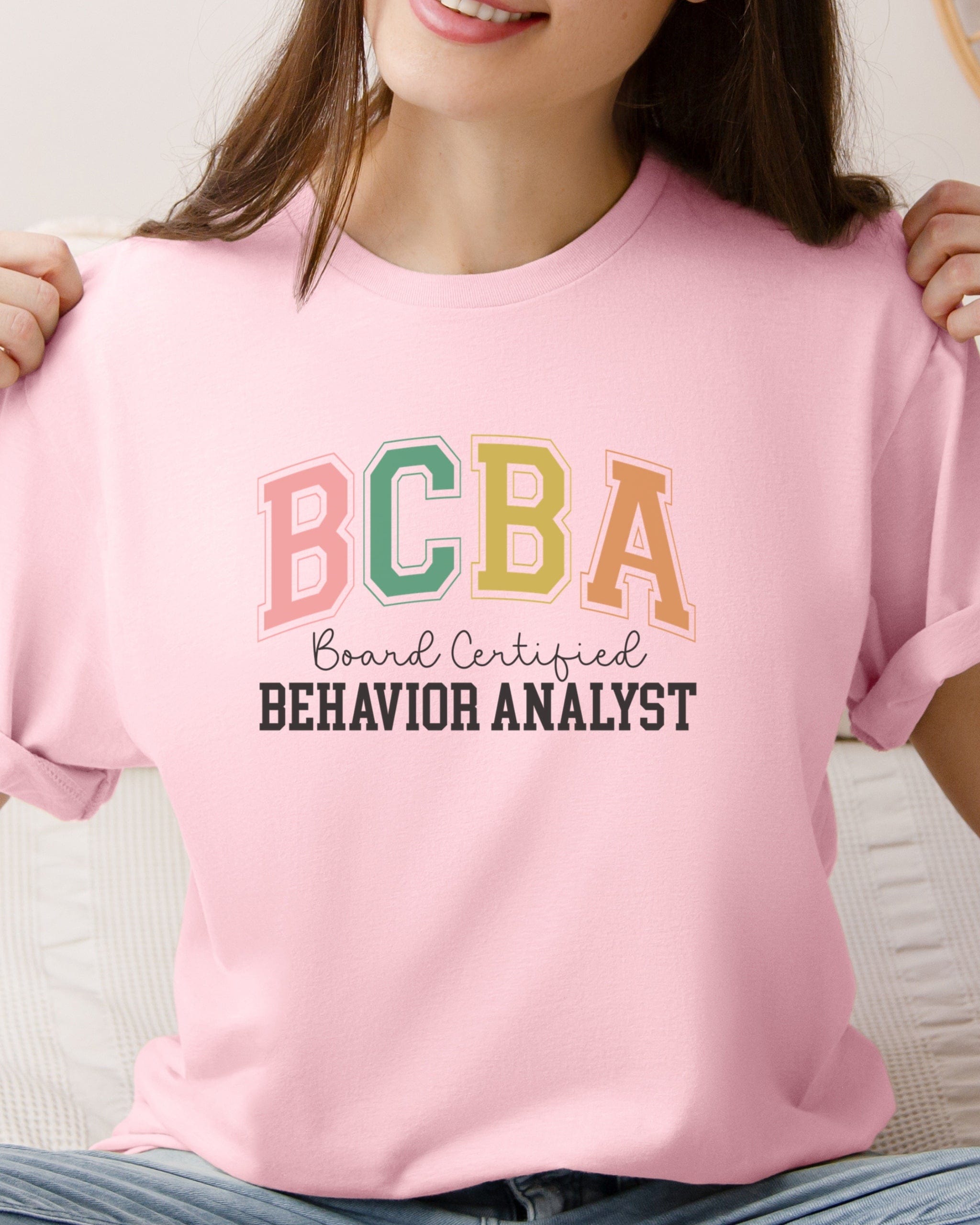 BCBA - Board Certified Behavior Analyst College Style Tee-Neurodiversity, ADHD & Autism Awareness & Acceptance T-Shirt by Daily Bloom