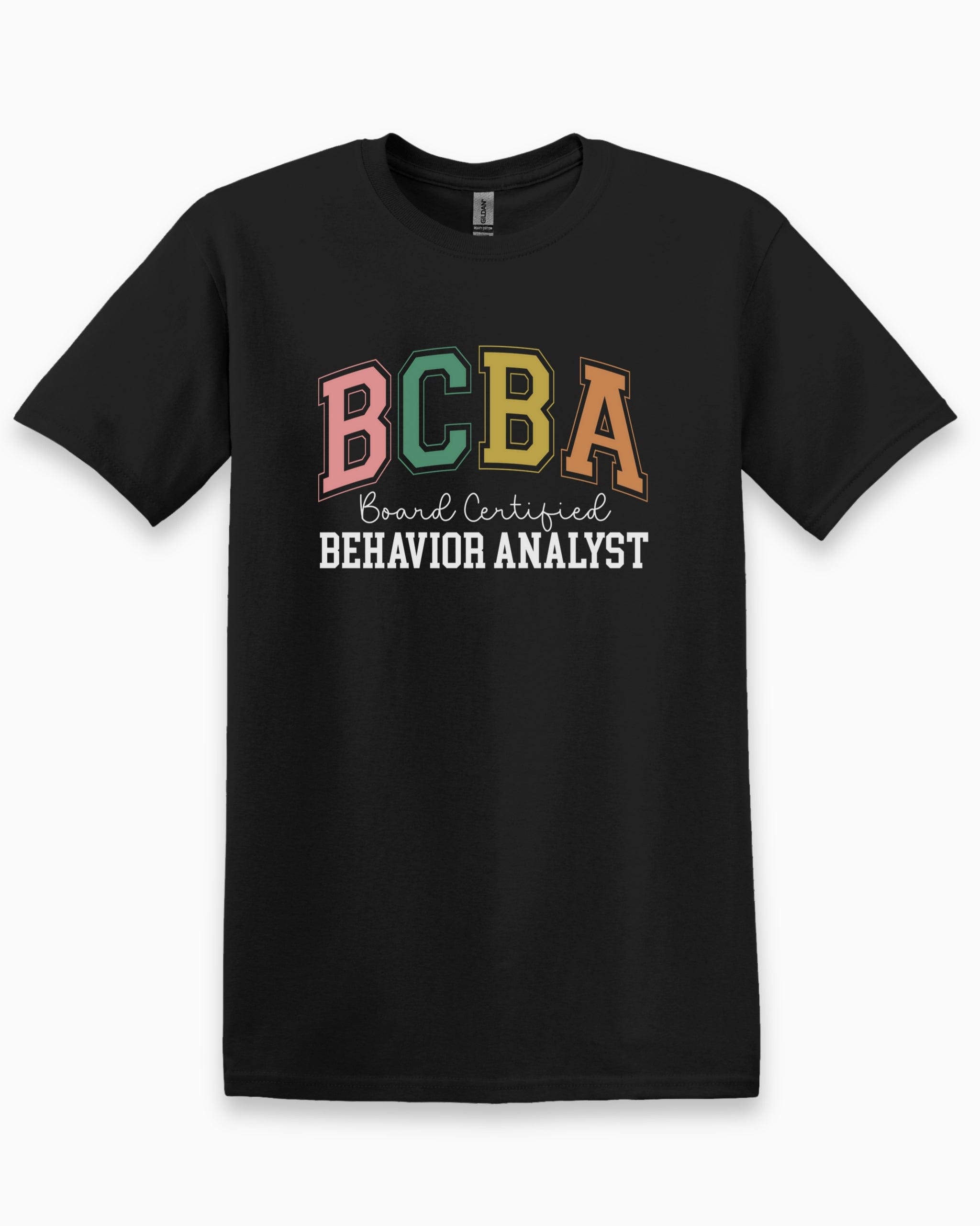 BCBA - Board Certified Behavior Analyst College Style Tee-Black-Neurodiversity, ADHD & Autism Awareness & Acceptance T-Shirt by Daily Bloom